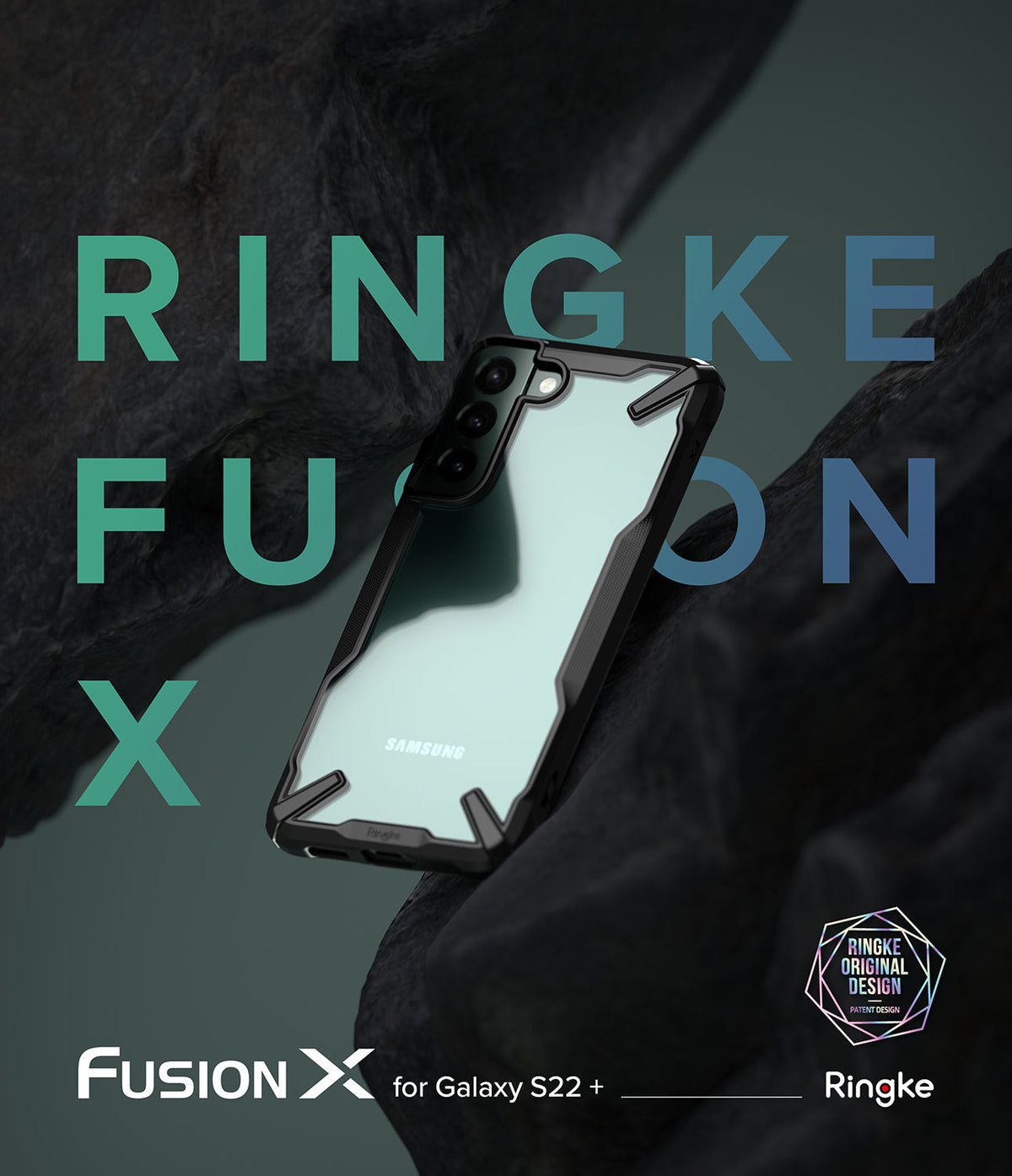 Galaxy S22 Plus Case Combo | Fusion-X Case + Screen Protector + Camera Protector - Galaxy S22 Plus Case Combo - A black Ringke Fusion-X case on a Galaxy S22 Plus floating between dark, textured rock formations.