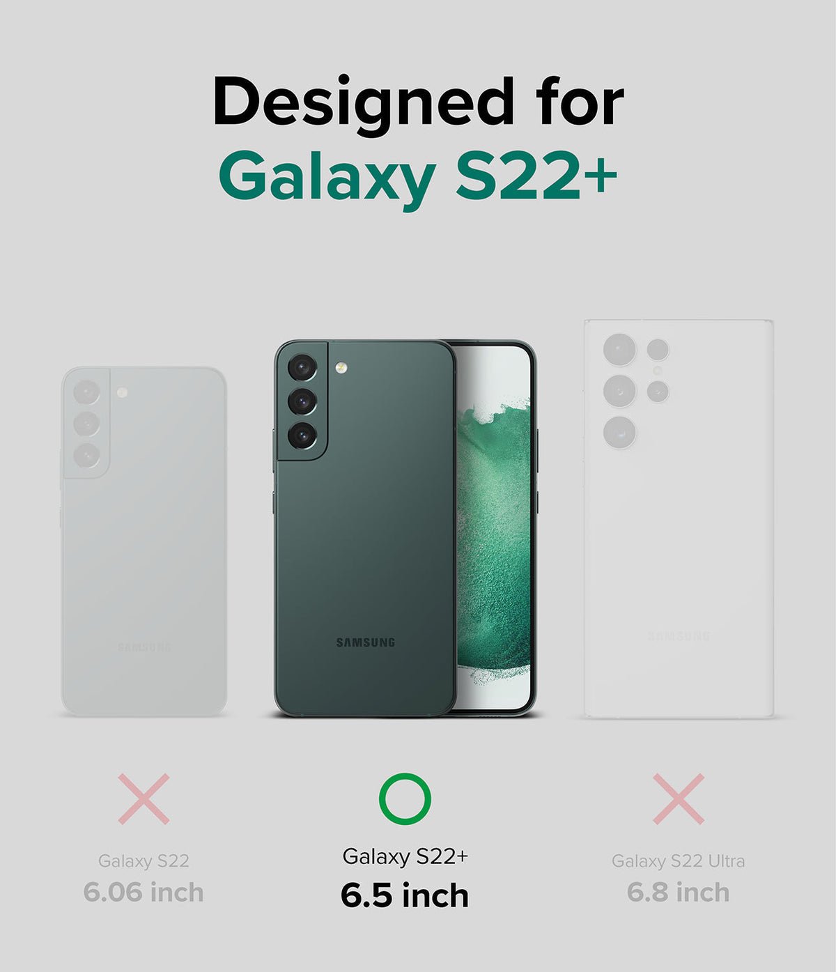 Galaxy S22 Plus Case Combo | Fusion-X Case + Screen Protector + Camera Protector - Galaxy S22 Plus Case Combo - Comparison chart showing Galaxy S22+ is the correct fit versus S22 and S22 Ultra models.
