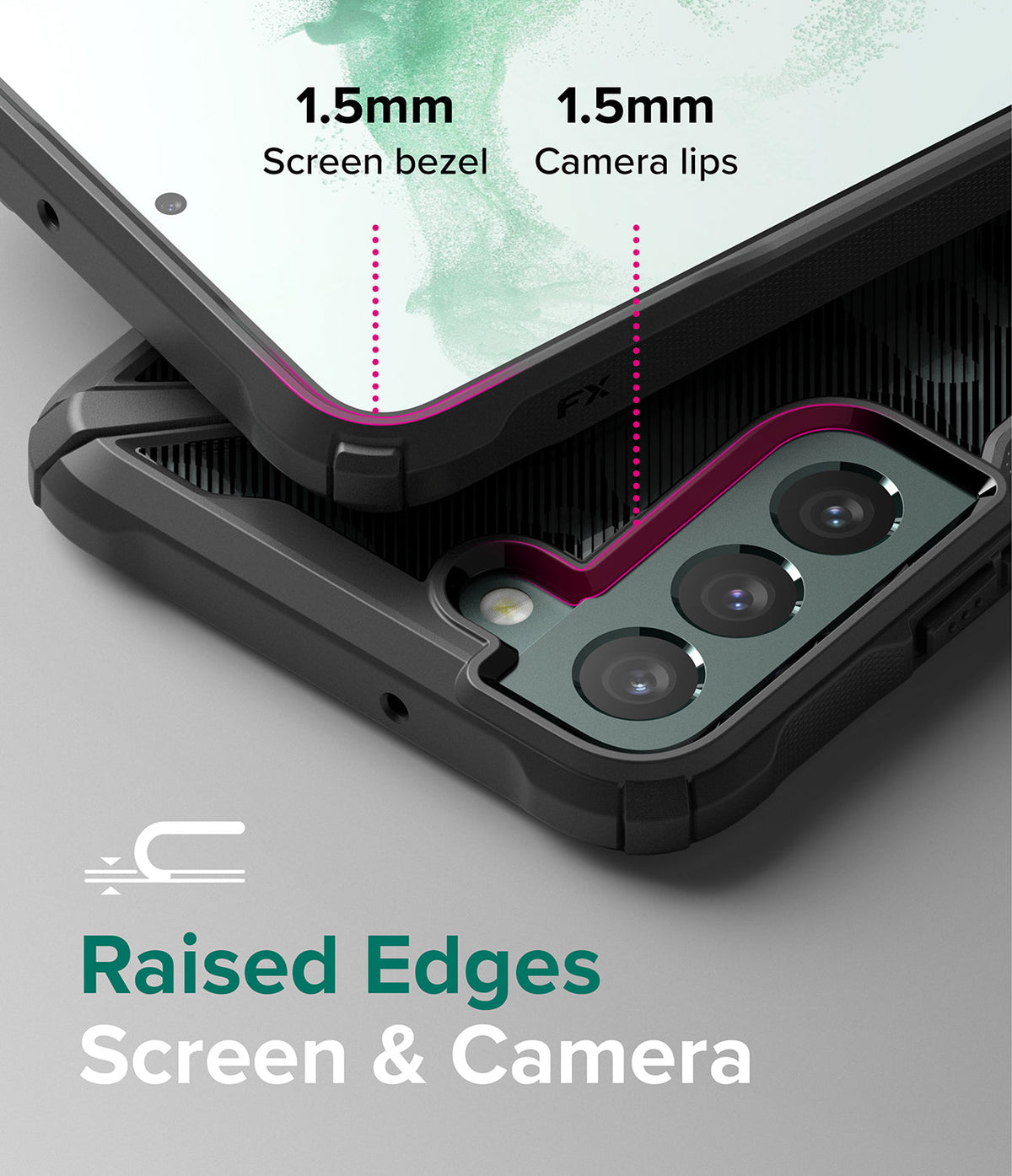 Galaxy S22 Plus Case Combo | Fusion-X Case + Screen Protector + Camera Protector - Galaxy S22 Plus Case Combo - Close-up of phone case showing 1.5mm raised screen bezels and camera lips for protection.
