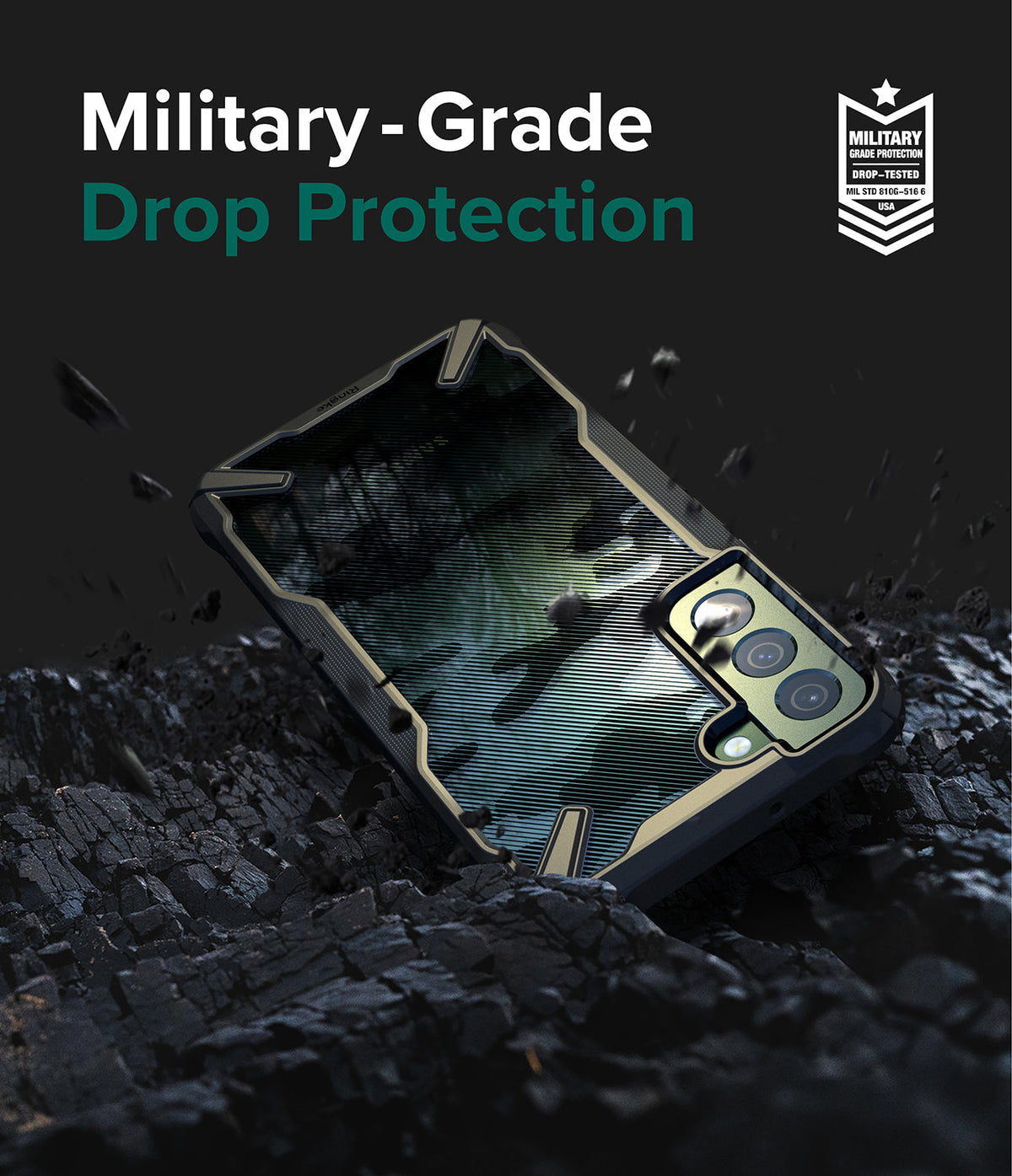 Galaxy S22 Plus Case Combo | Fusion-X Case + Screen Protector + Camera Protector - Galaxy S22 Plus Case Combo - Rugged phone case on charred wood with text highlighting military-grade drop protection.
