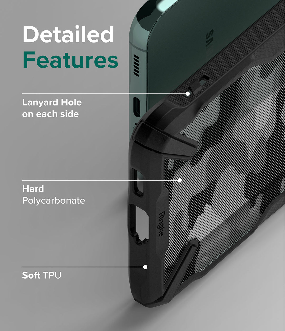 Galaxy S22 Plus Case Combo | Fusion-X Case + Screen Protector + Camera Protector - Galaxy S22 Plus Case Combo - Close-up of phone case showing lanyard holes, hard polycarbonate back, and soft TPU bumper.