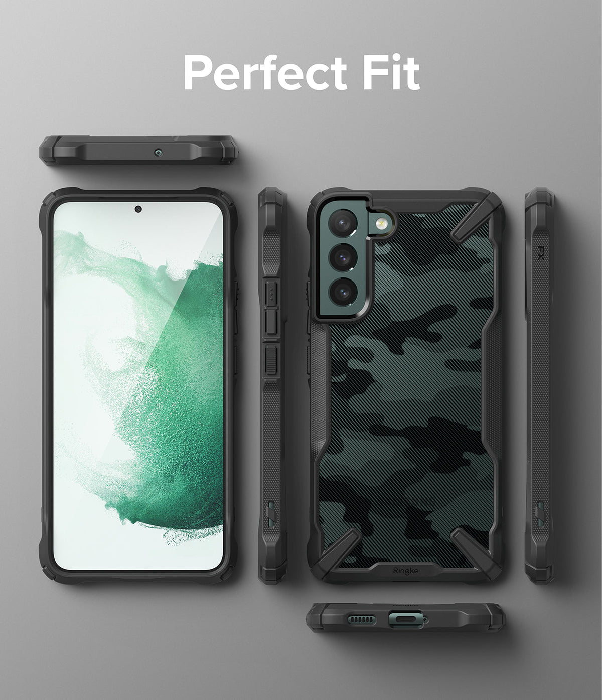 Galaxy S22 Plus Case Combo | Fusion-X Case + Screen Protector + Camera Protector - Galaxy S22 Plus Case Combo - Exploded view of a black camo phone case surrounding a Galaxy S22 Plus with a green screen.