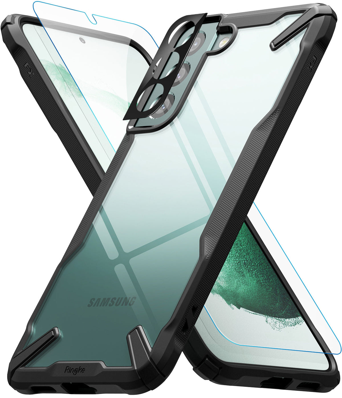 Galaxy S22 Plus Case Combo | Fusion-X Case + Screen Protector + Camera Protector - Galaxy S22 Plus Case Combo - Clear phone case with black bumper, screen protector, and camera lens cover.