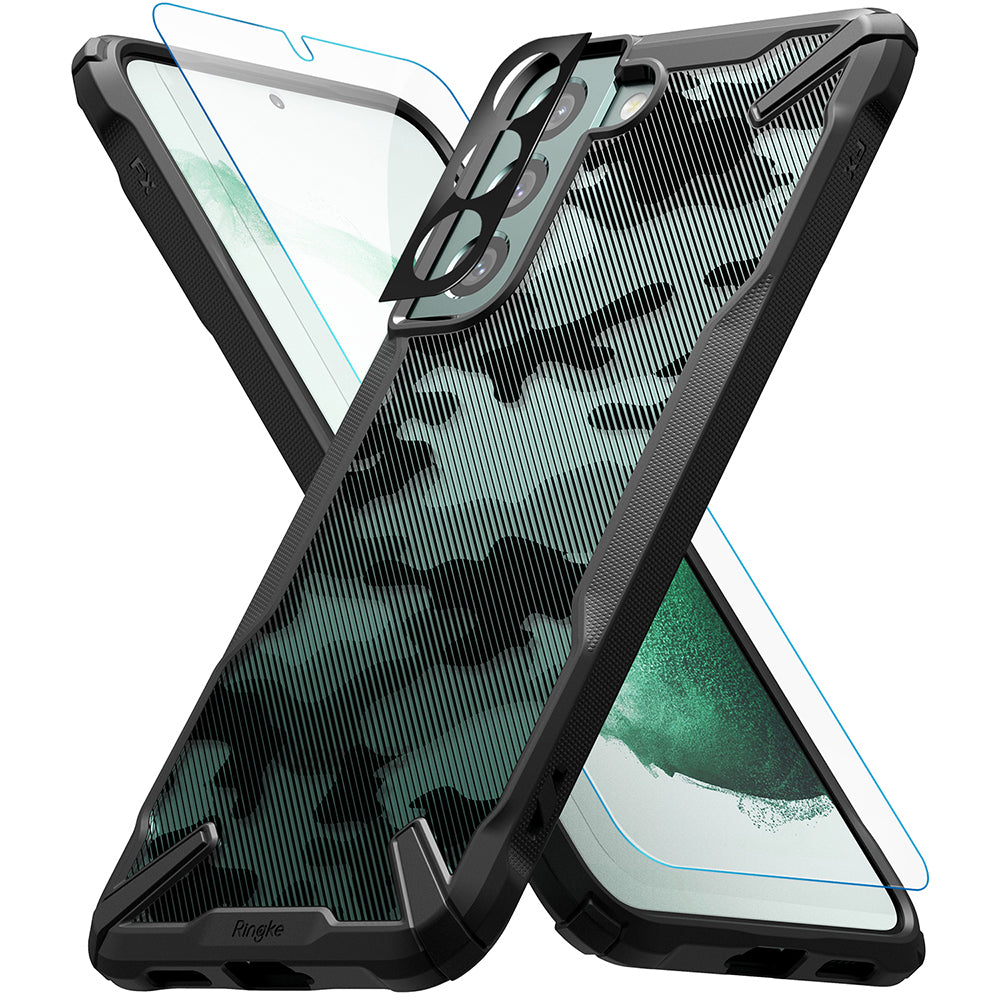 Galaxy S22 Plus Case Combo | Fusion-X Case + Screen Protector + Camera Protector - Galaxy S22 Plus Case Combo - Camouflage Fusion-X phone case with screen and camera protectors floating in an X-shape.