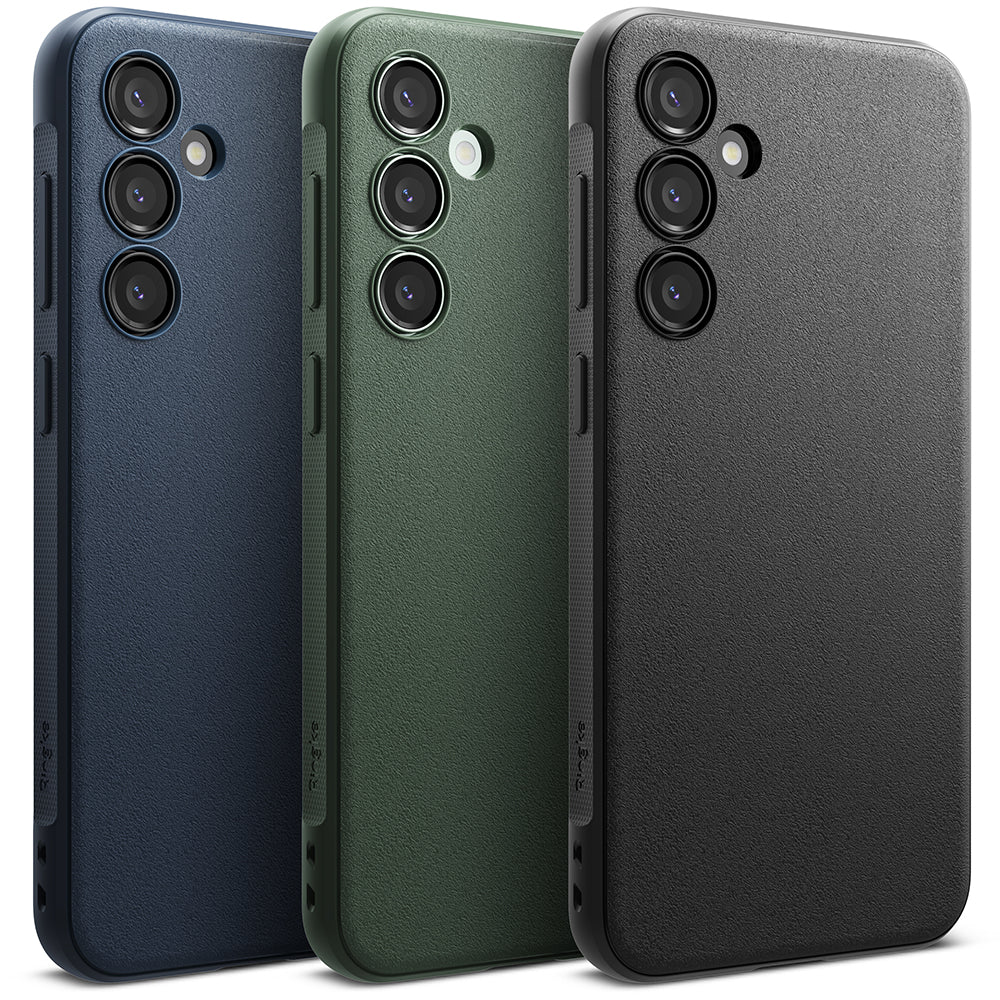 Galaxy S23 Plus Case | Onyx - Three textured phone cases in navy, green, and black, each with a triple-lens camera cutout.