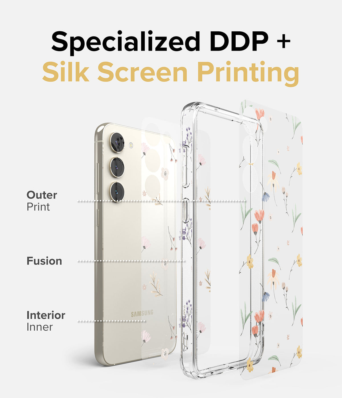 Galaxy S23 Plus Case | Fusion Design - Exploded view showing phone, clear floral case, and print layers with DDP and silk screen.
