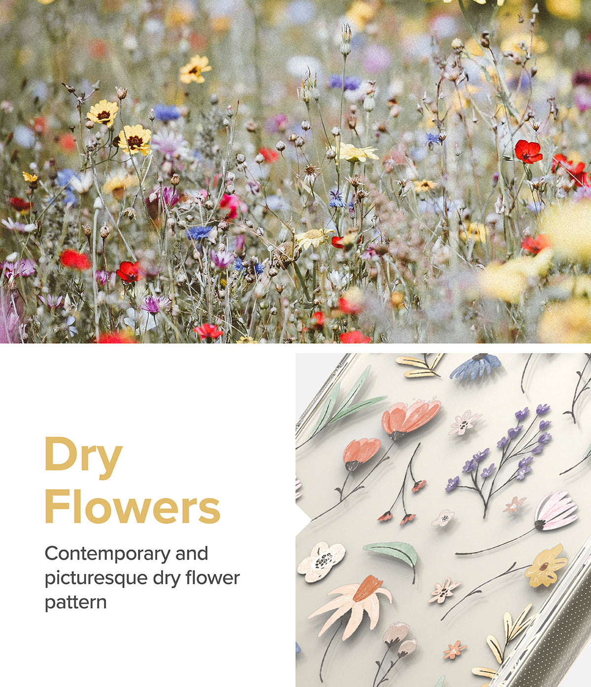 Galaxy S23 Plus Case | Fusion Design - A field of colorful wildflowers above a clear phone case with a dry flower pattern.