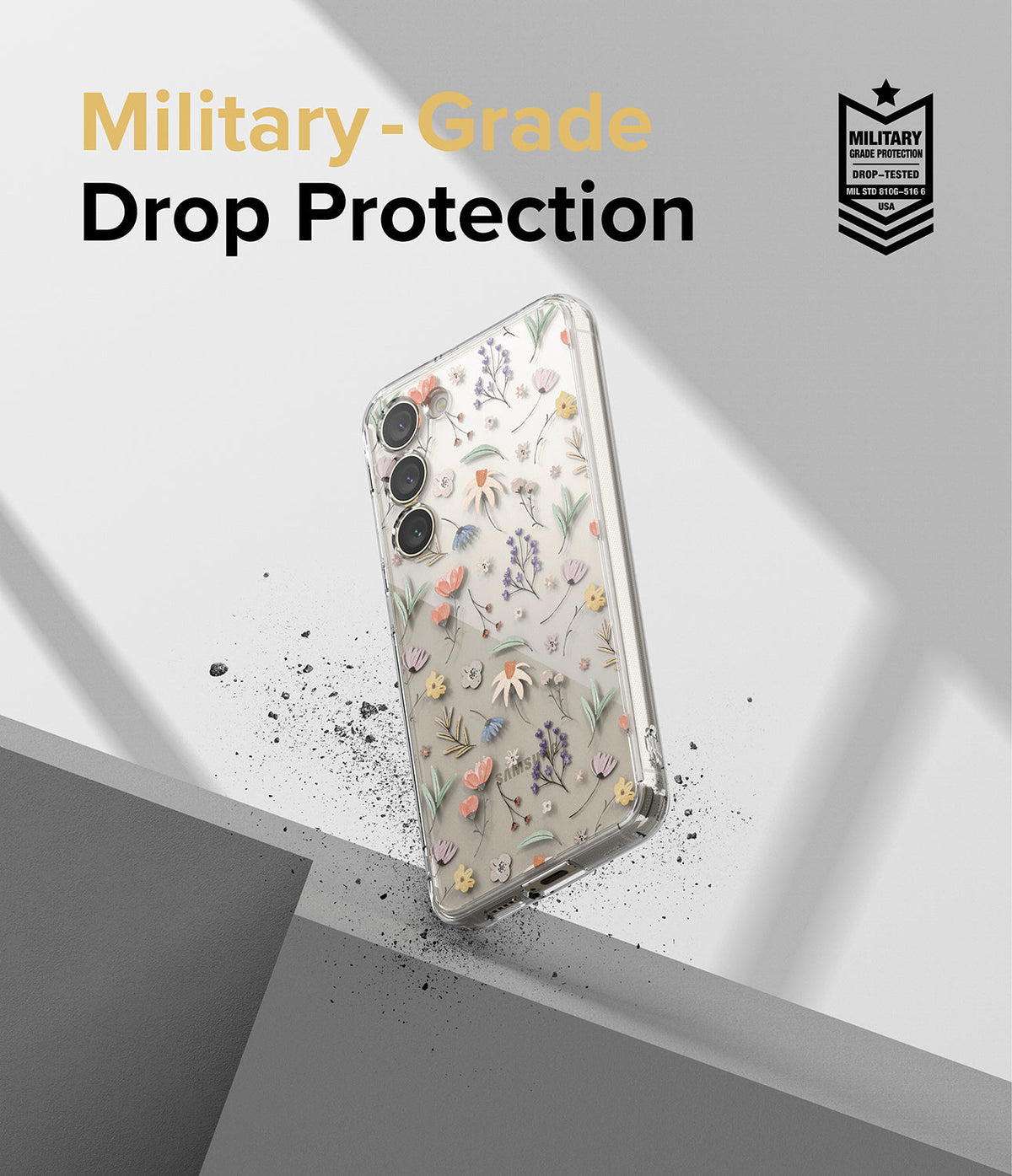 Galaxy S23 Plus Case | Fusion Design - Floral clear phone case floating above a grey surface with drop protection text.