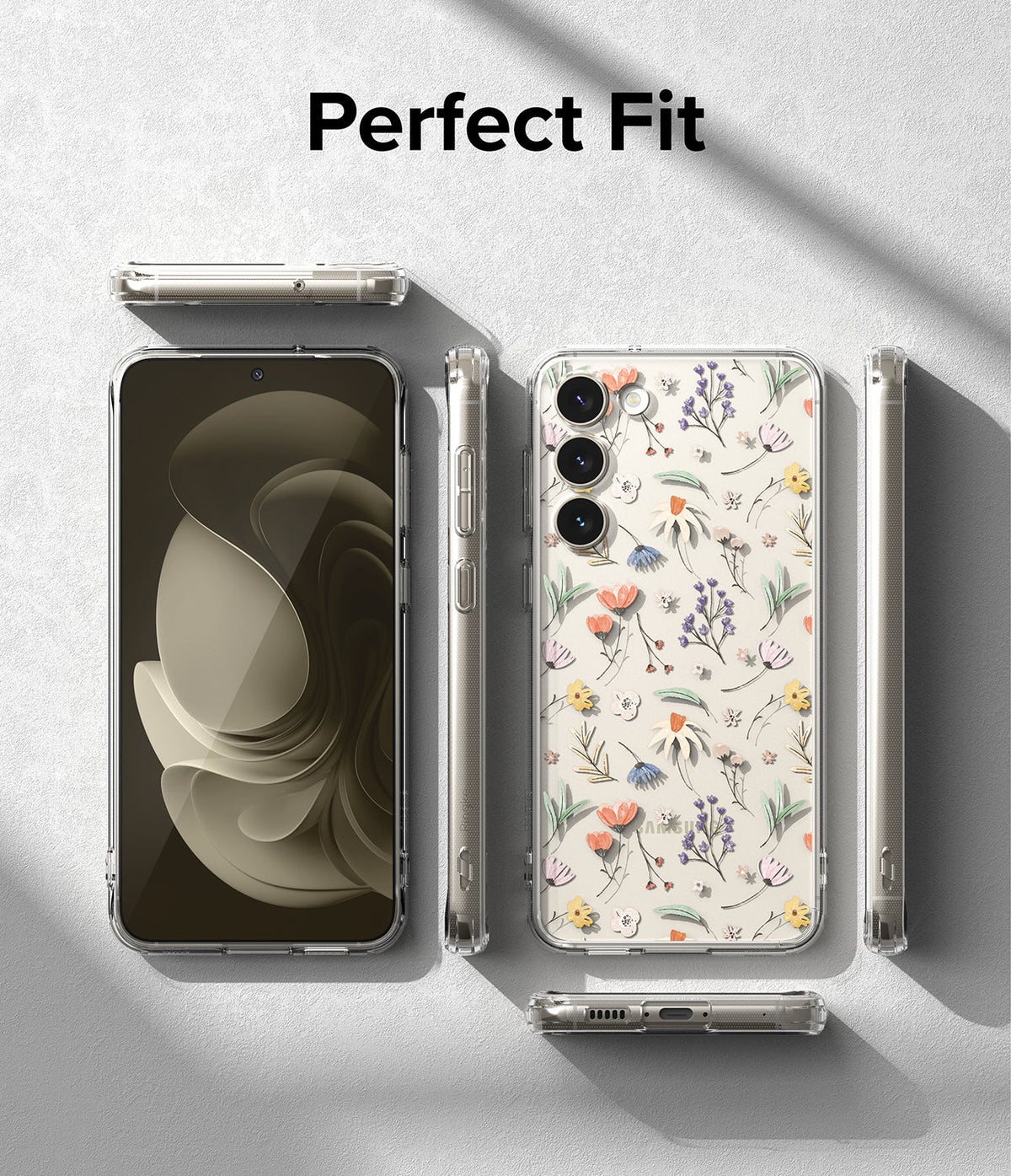 Galaxy S23 Plus Case | Fusion Design - Clear phone case with floral pattern shown from front, back, and side angles.