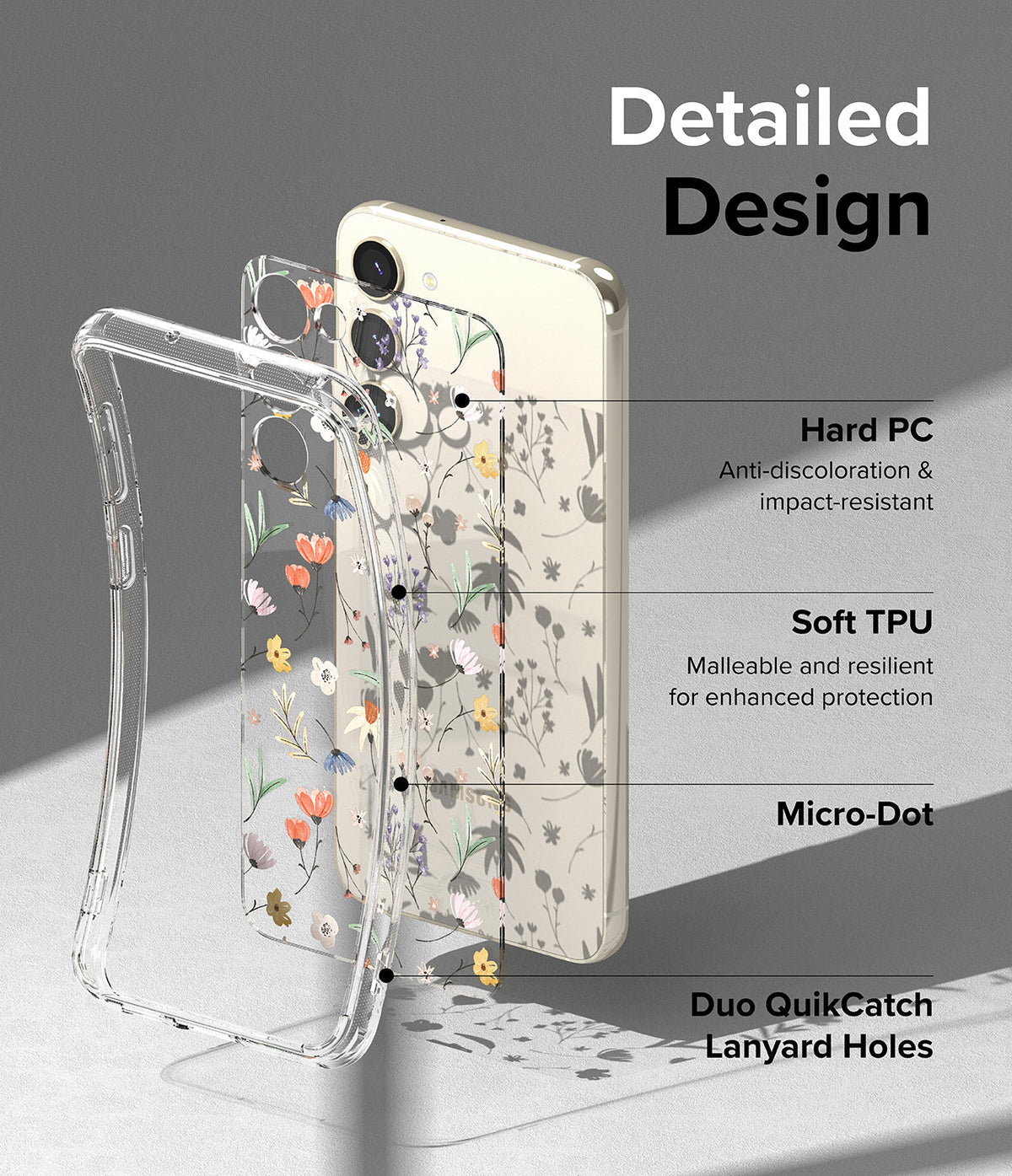 Galaxy S23 Plus Case | Fusion Design - Exploded view of a floral phone case showing PC, TPU, and lanyard hole features.