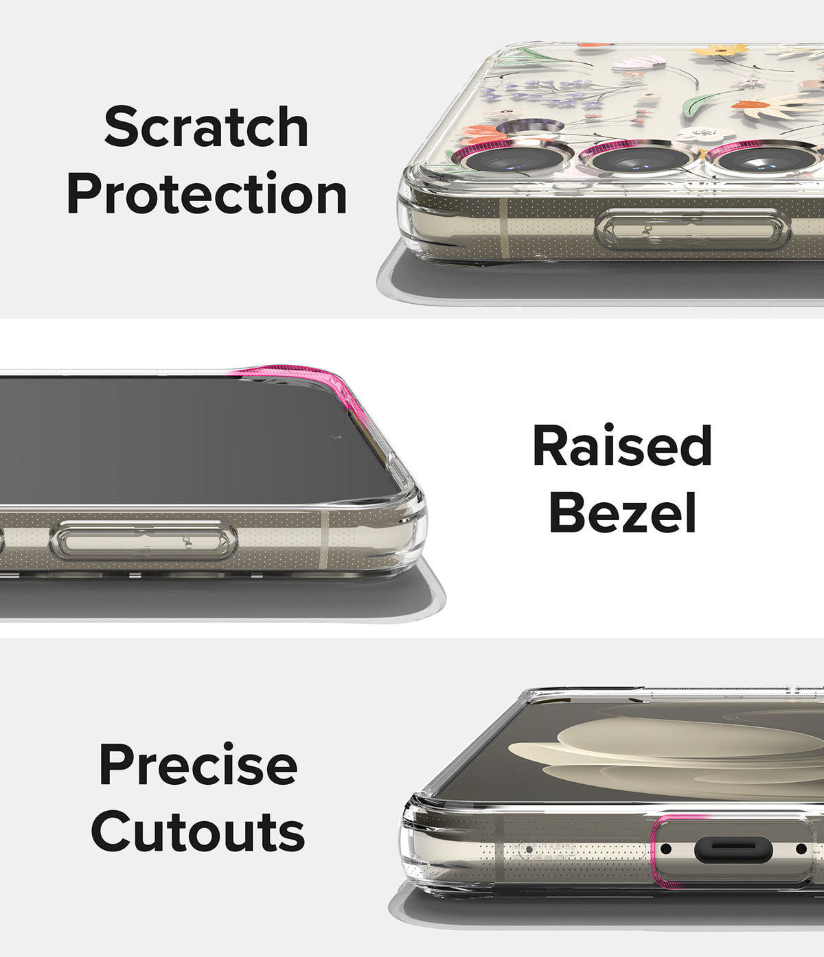 Galaxy S23 Plus Case | Fusion Design - Three close-up views showing scratch protection, raised bezels, and precise cutouts.