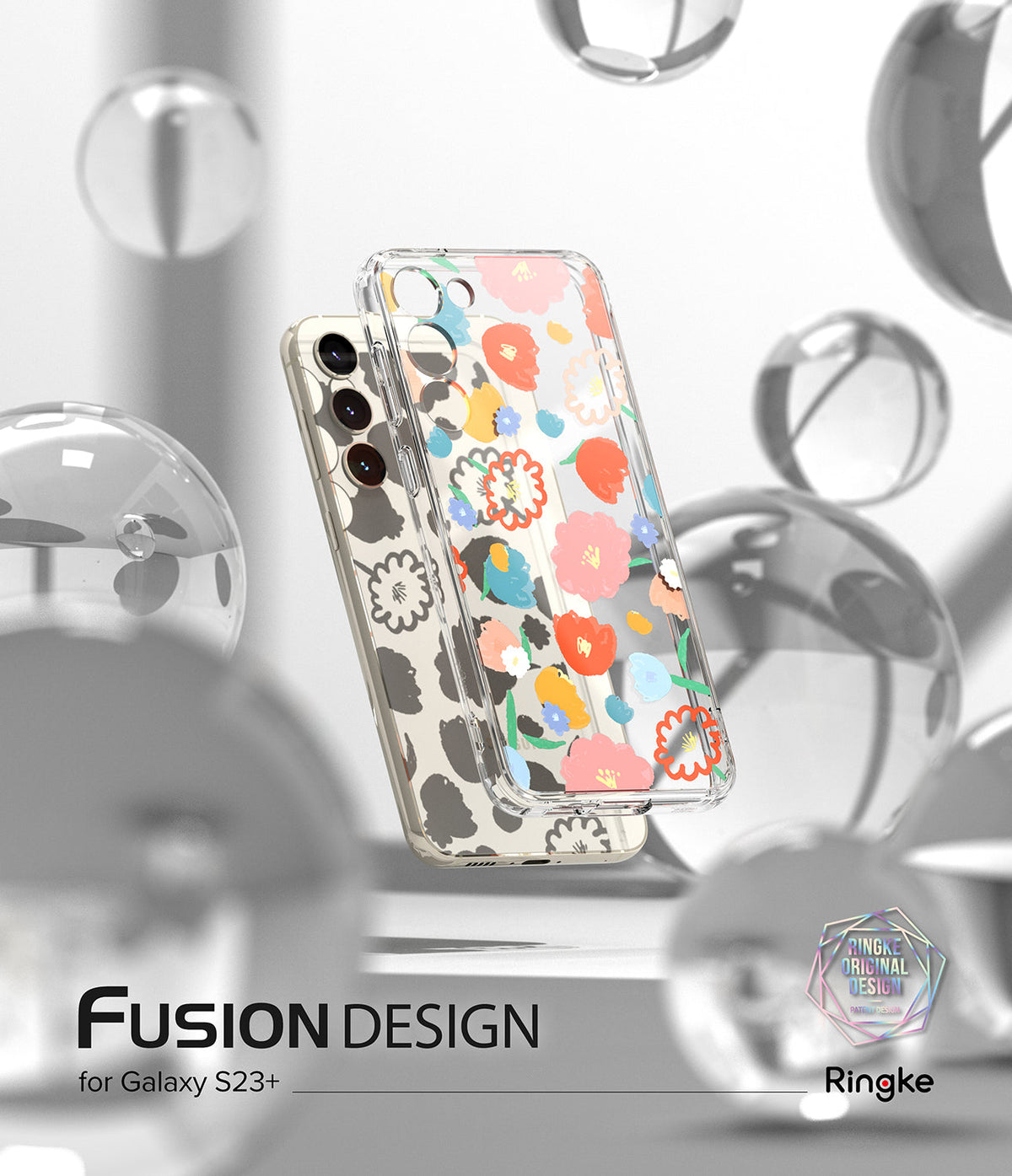 Galaxy S23 Plus Case | Fusion Design - Clear phone case with colorful floral pattern floating among glass spheres.