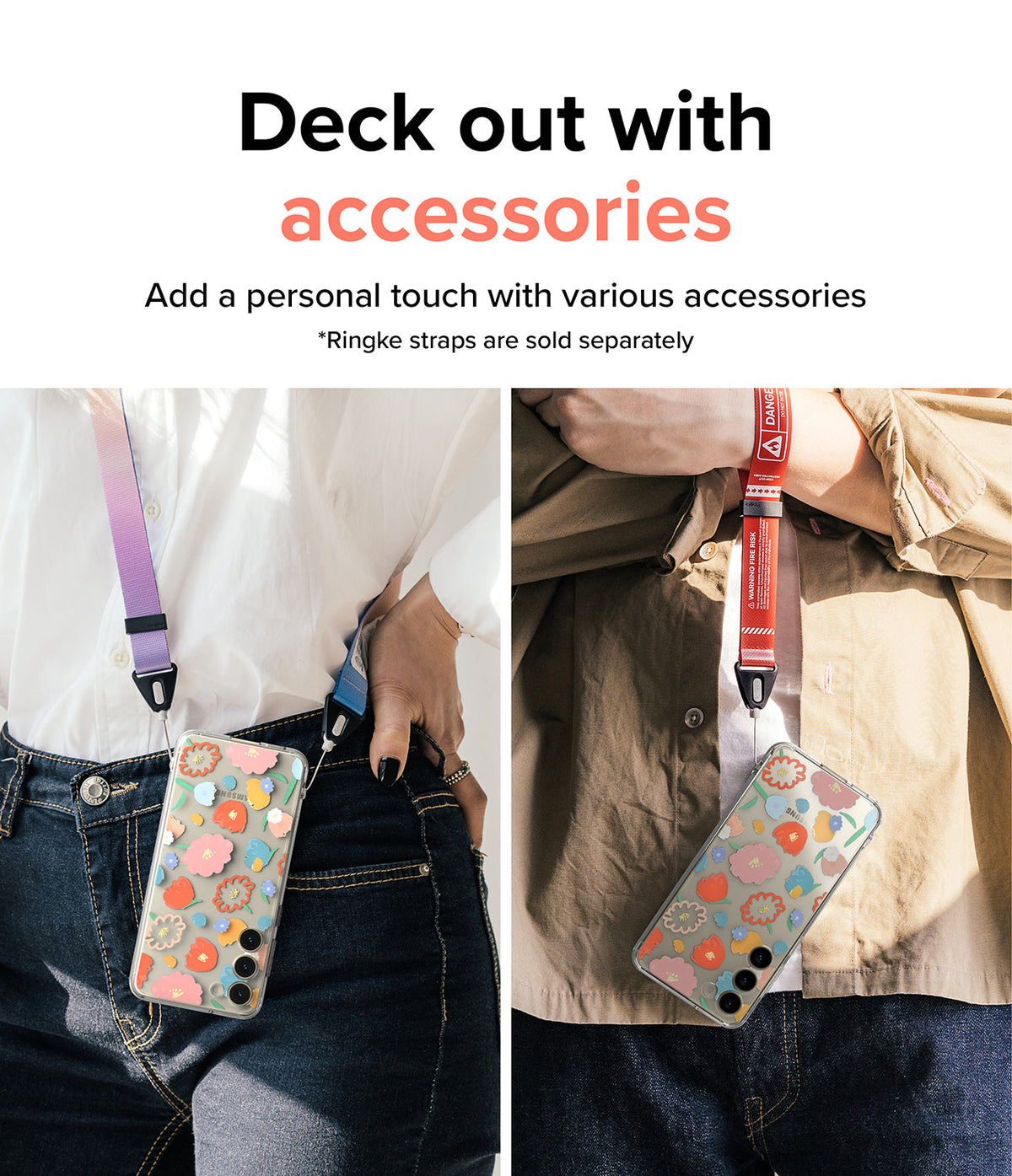Galaxy S23 Plus Case | Fusion Design - Two people wearing floral phone cases on colorful neck and wrist straps.