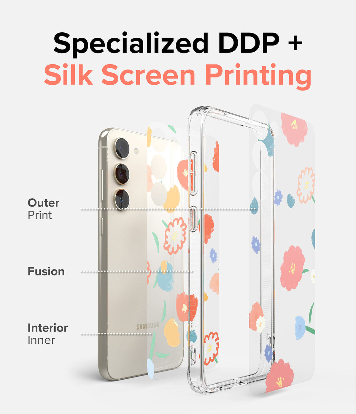 Galaxy S23 Plus Case | Fusion Design - Exploded view showing phone, floral print layer, and clear case construction.