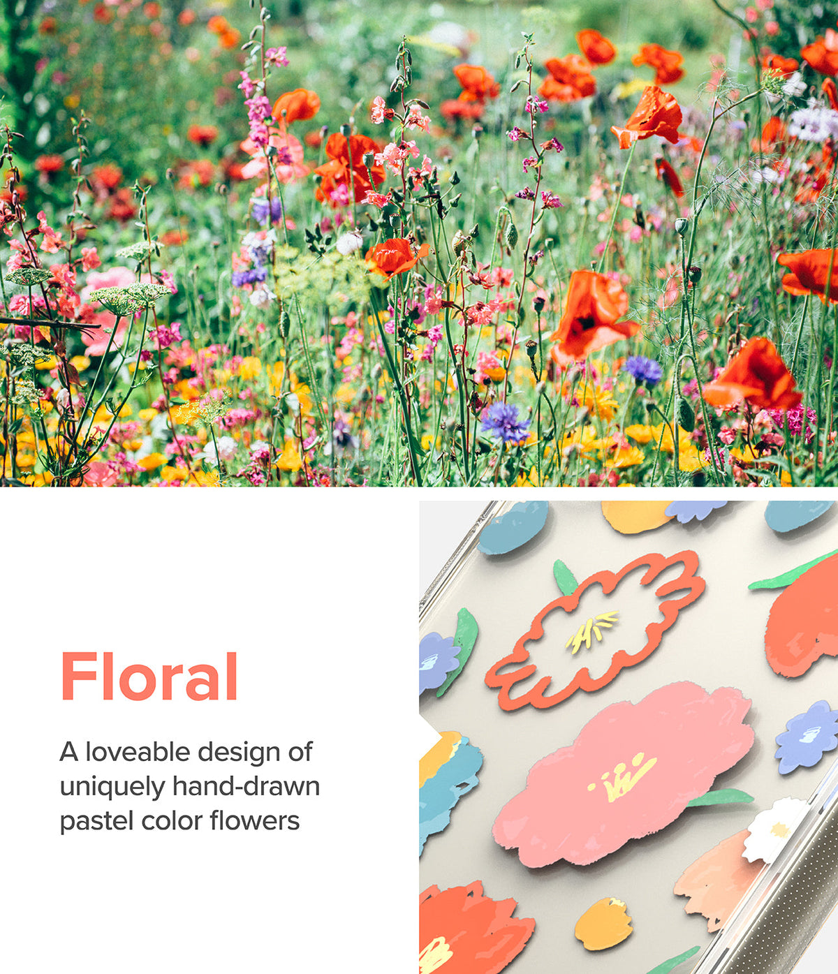 Galaxy S23 Plus Case | Fusion Design - Clear phone case featuring hand-drawn pastel floral patterns against a wildflower field.