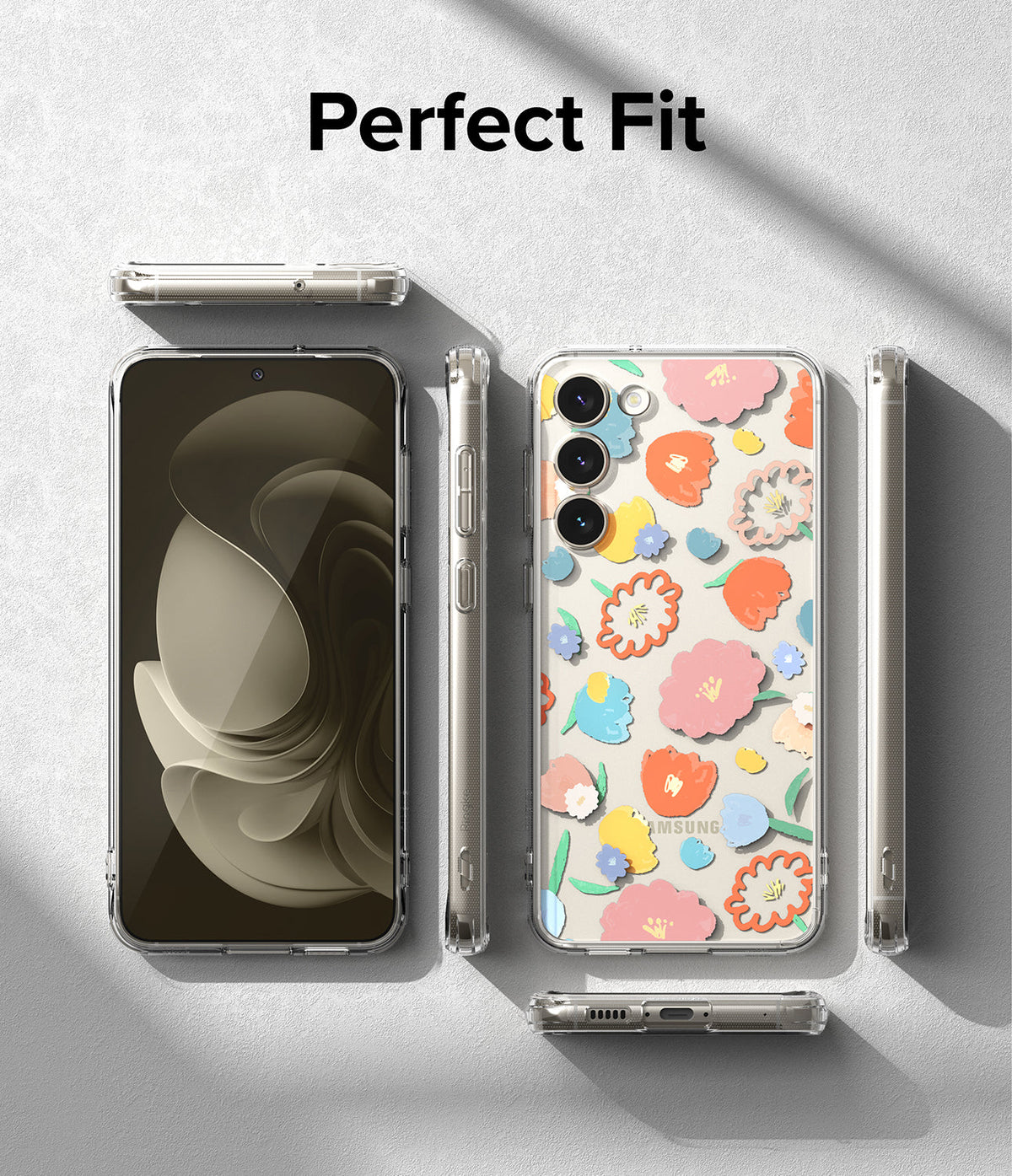 Galaxy S23 Plus Case | Fusion Design - Clear phone case with colorful floral pattern shown from front, back, and sides.