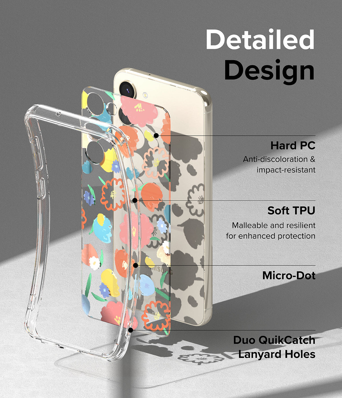 Galaxy S23 Plus Case | Fusion Design - Exploded view of a floral phone case showing PC, TPU, and lanyard hole features.