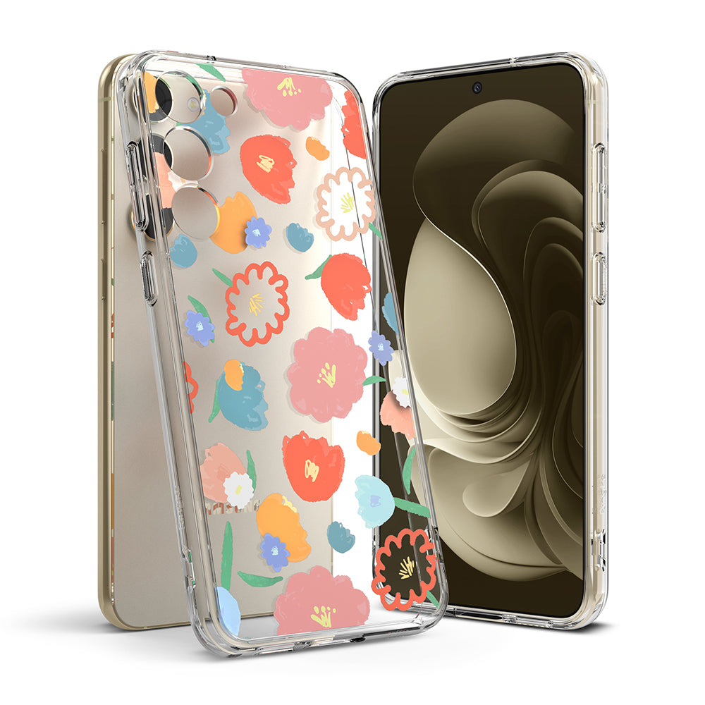Galaxy S23 Case | Fusion Design - Clear phone case with colorful floral pattern on a gold Galaxy S23 smartphone.