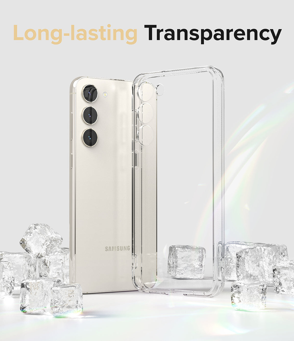Galaxy S23 Plus Case | Fusion - Clear phone case next to a white smartphone surrounded by ice cubes.