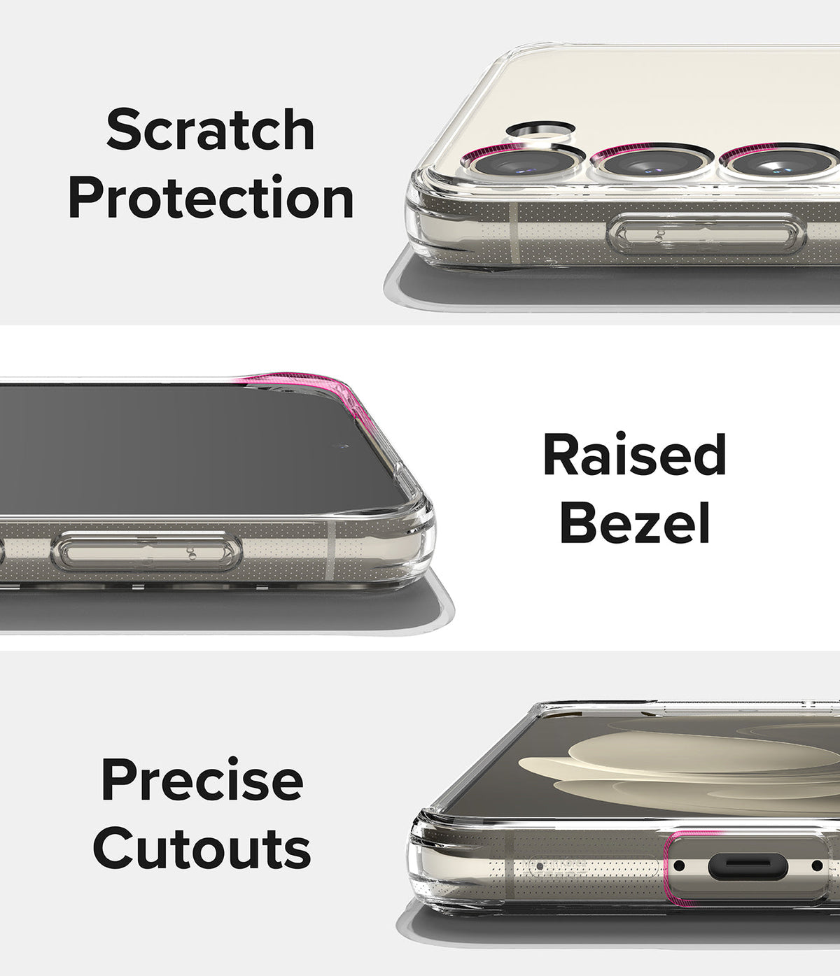 Galaxy S23 Plus Case | Fusion - Close-ups of a clear phone case highlighting camera protection, raised bezels, and port cutouts.