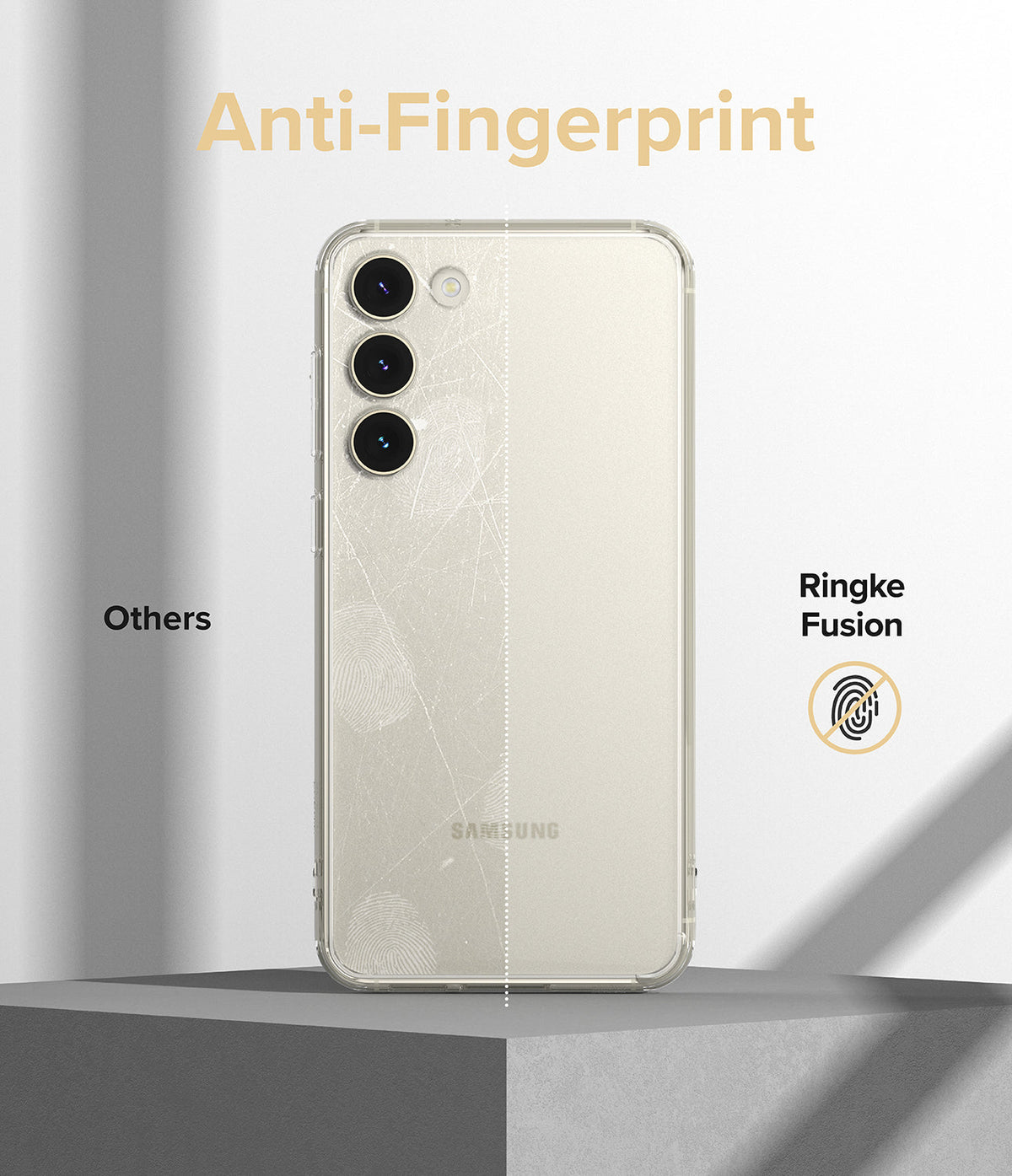 Galaxy S23 Plus Case | Fusion - Comparison showing a fingerprint-covered phone versus a clean Ringke Fusion case.