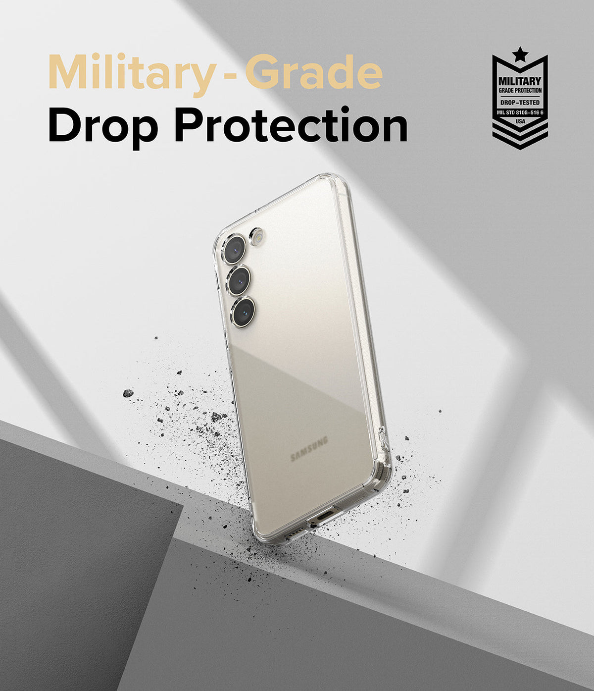 Galaxy S23 Plus Case | Fusion - Clear phone case on a Samsung Galaxy S23 Plus with military-grade drop protection text.