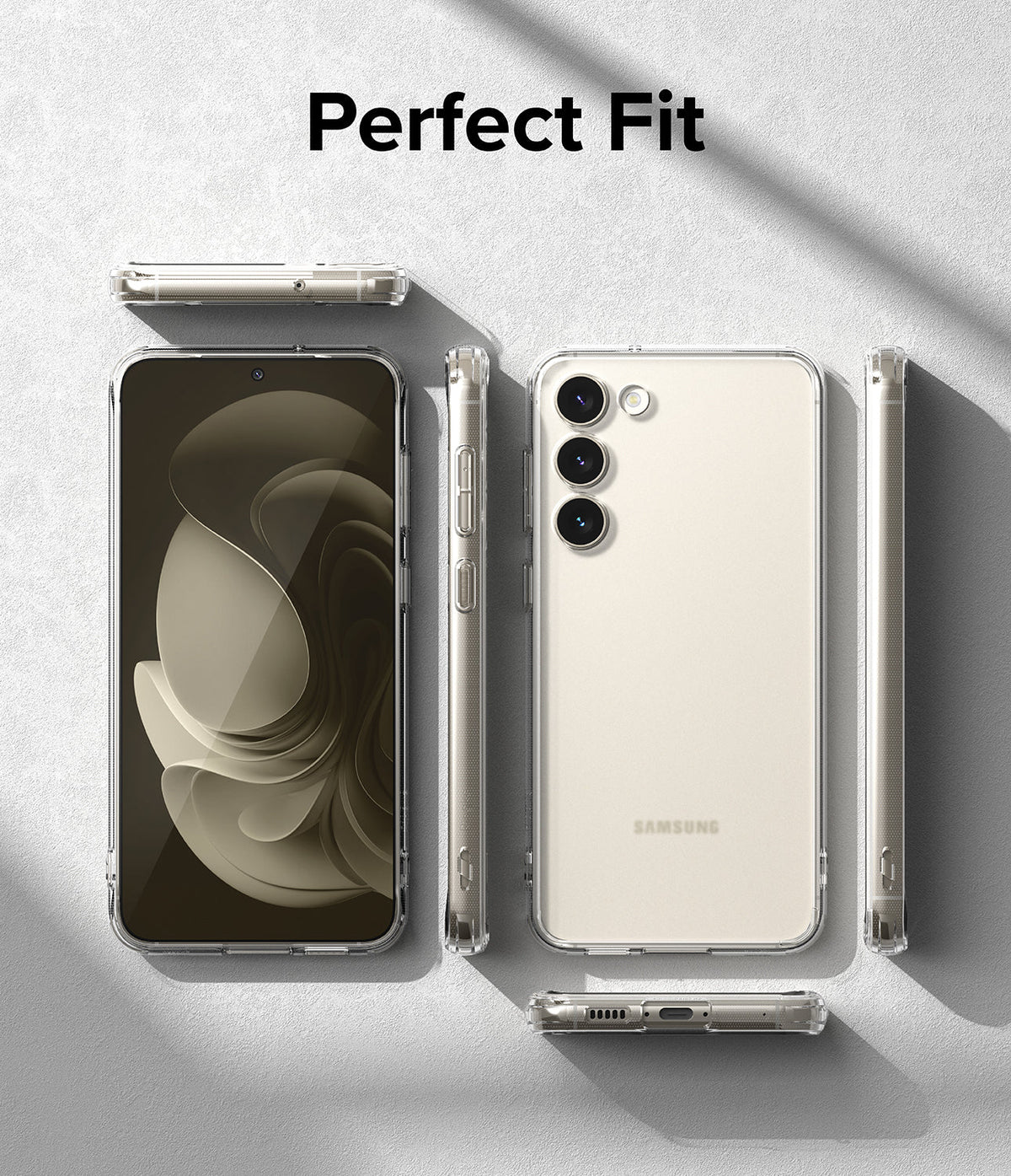 Galaxy S23 Plus Case | Fusion - Clear phone case shown from multiple angles on a textured gray background.