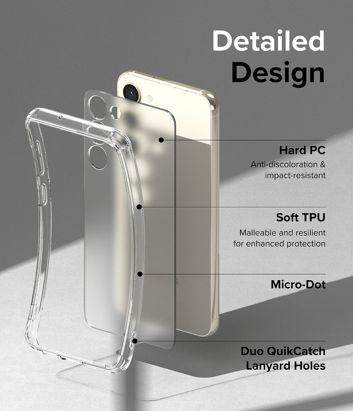 Galaxy S23 Plus Case | Fusion - Exploded view of a clear phone case highlighting PC, TPU, micro-dots, and lanyard holes.