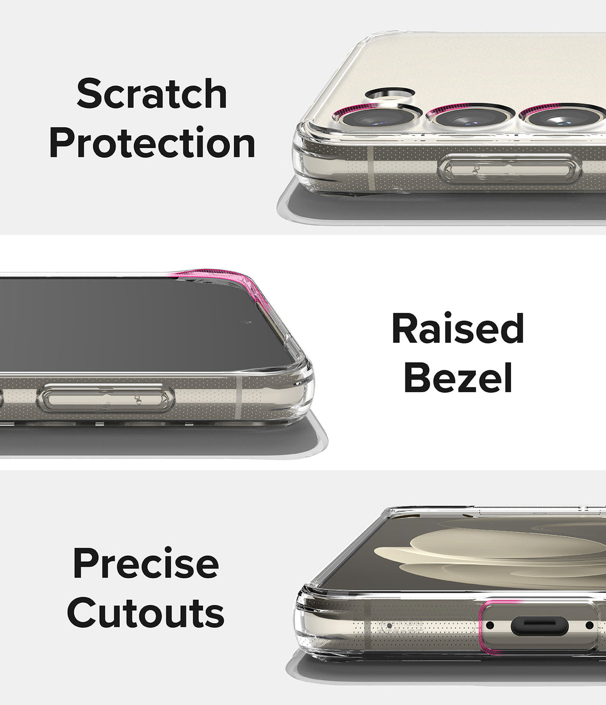 Galaxy S23 Plus Case | Fusion - Three close-up views of a clear phone case highlighting camera protection, bezels, and ports.