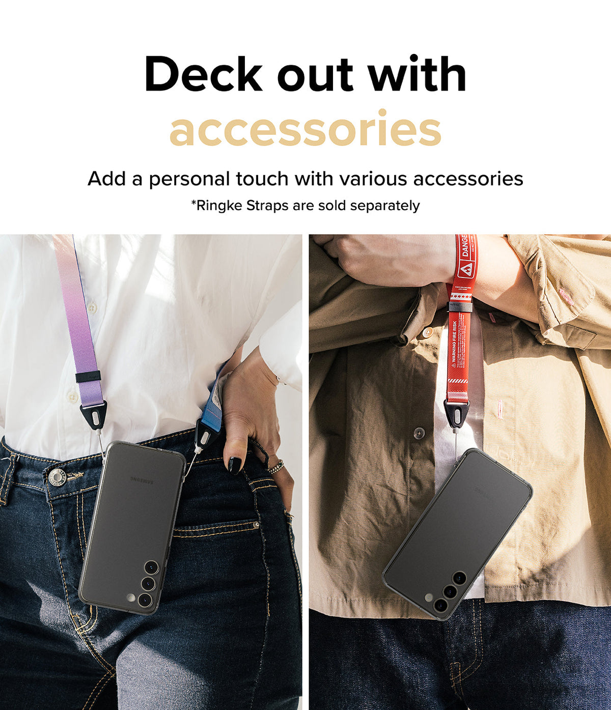Galaxy S23 Plus Case | Fusion - Two people wearing Galaxy S23 Plus phones on colorful, branded neck straps.