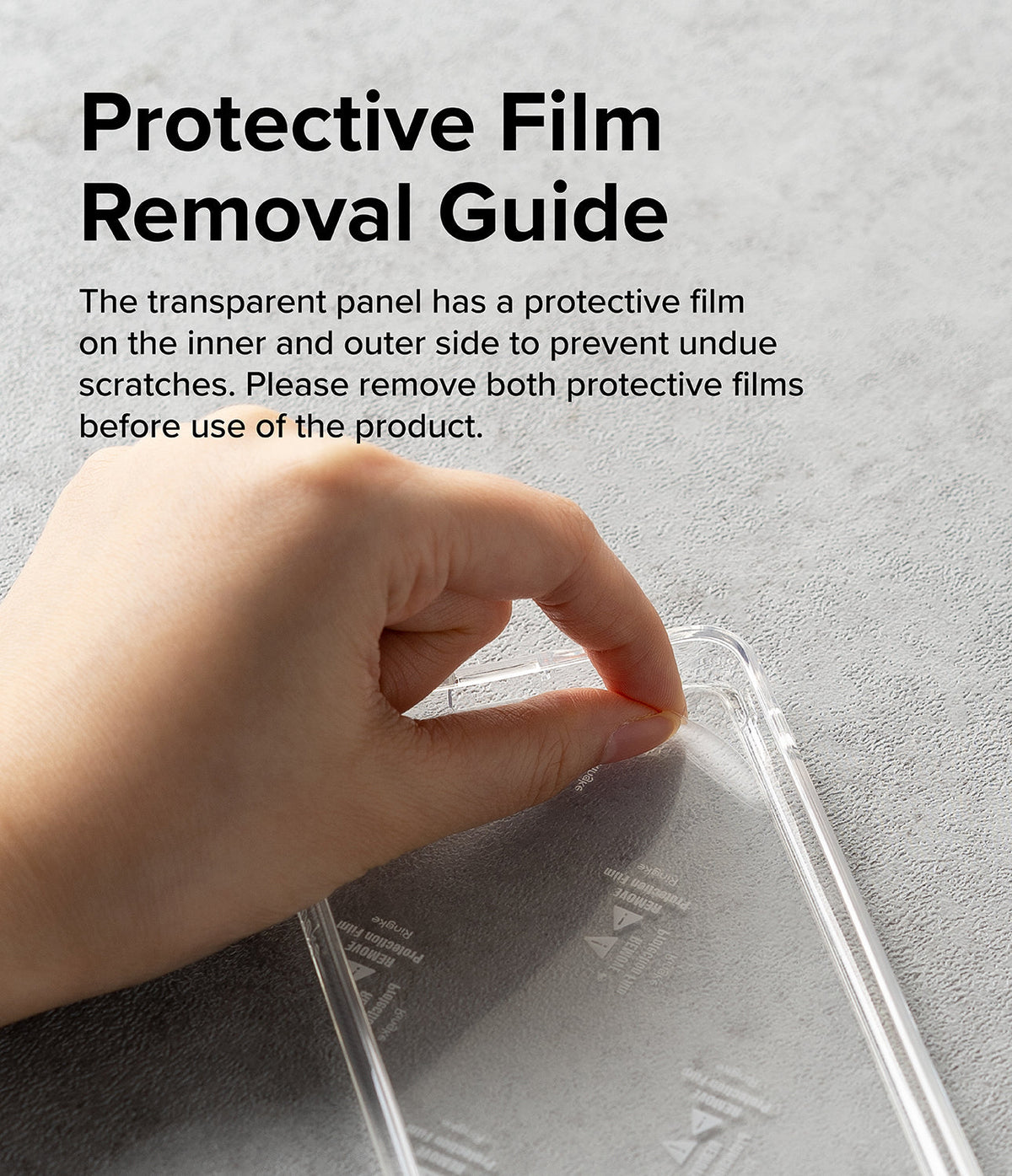 Galaxy S23 Plus Case | Fusion - Hand peeling protective film off a clear phone case with instructional text overlay.