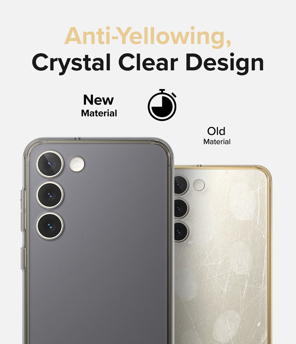 Galaxy S23 Plus Case | Fusion - Comparison of a clear, pristine phone case versus a yellowed, scratched old material case.