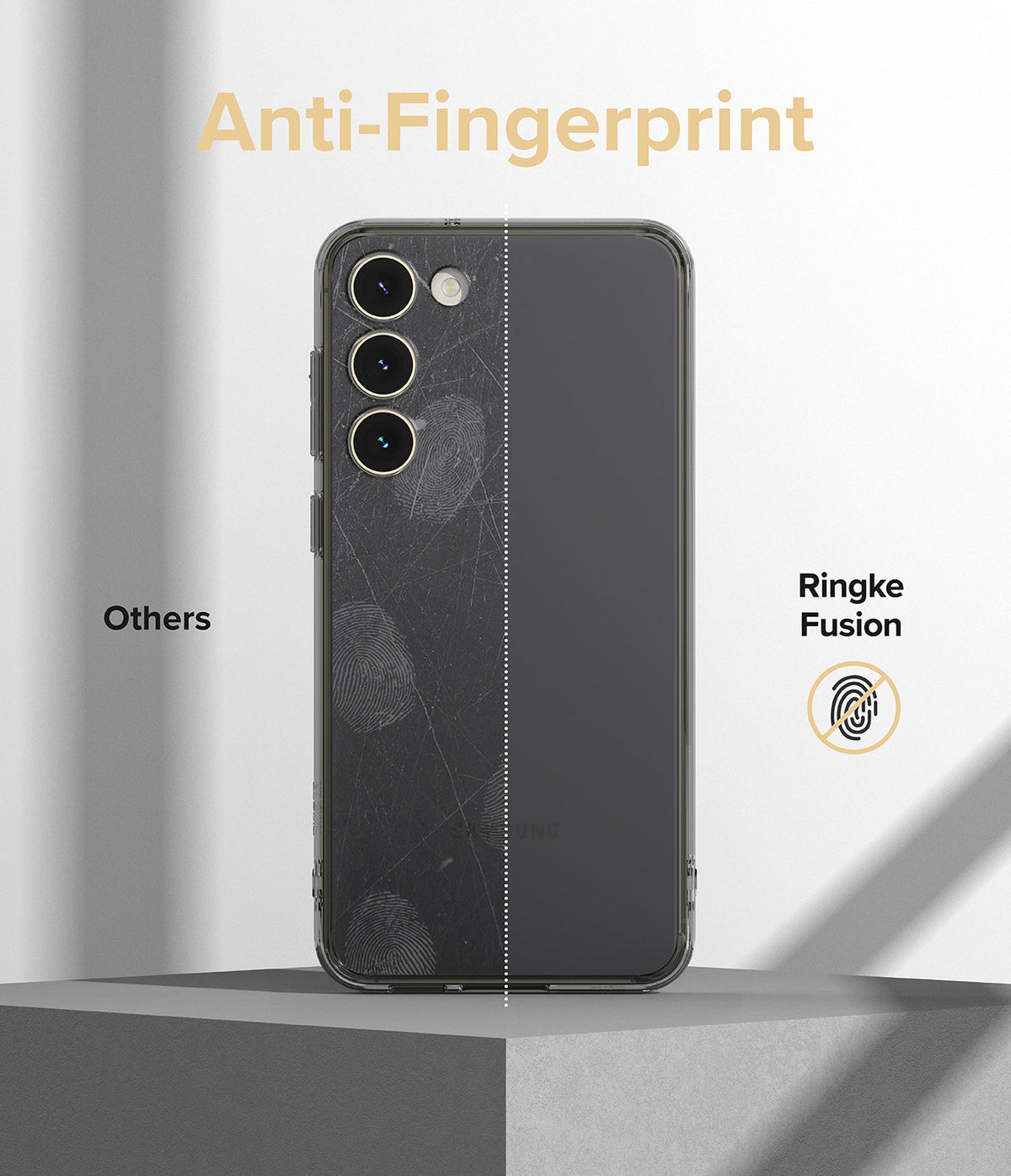 Galaxy S23 Plus Case | Fusion - Split view comparing a smudged phone case to a clean Ringke Fusion anti-fingerprint case.