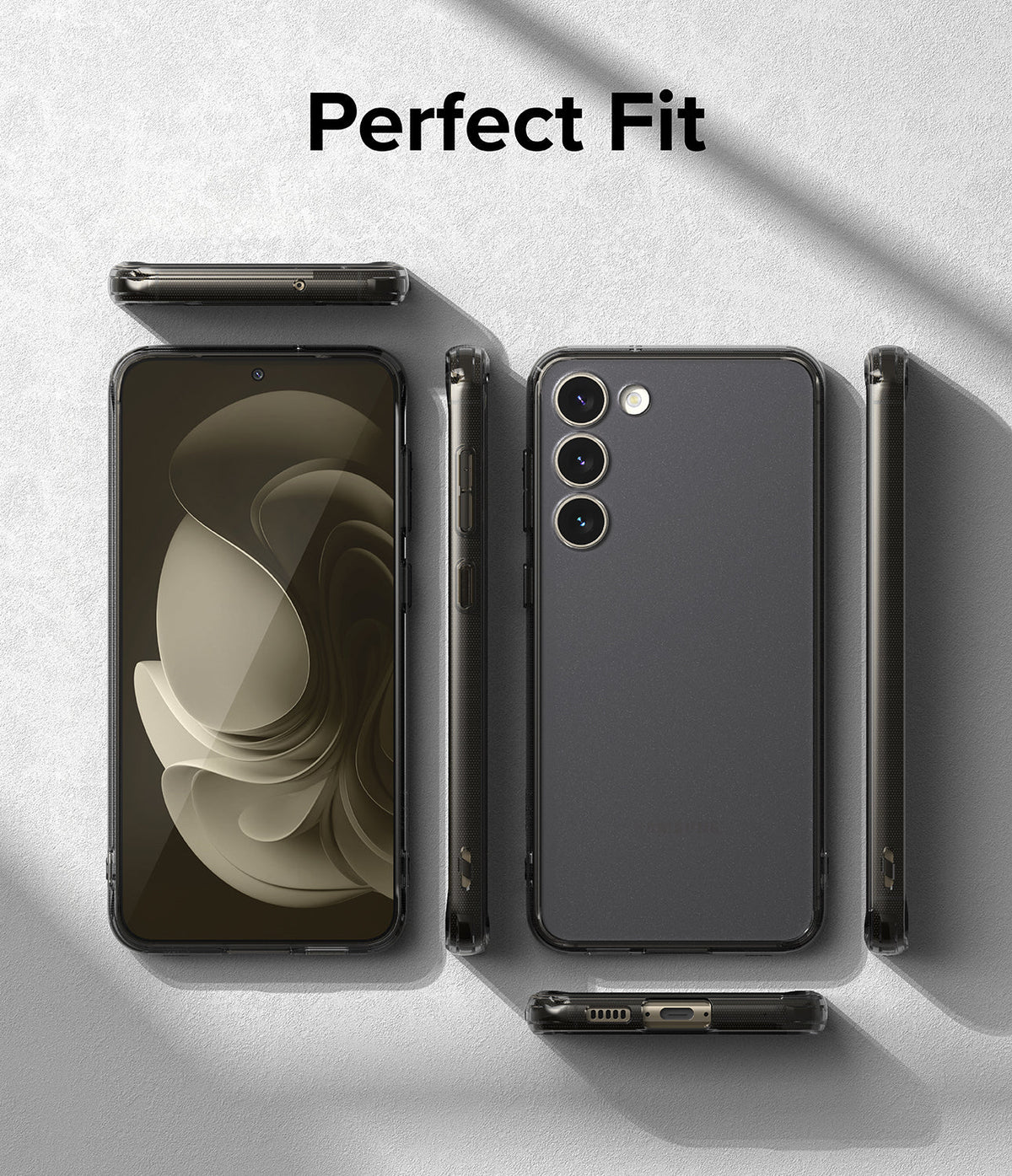 Galaxy S23 Plus Case | Fusion - Multiple views of a Galaxy S23 Plus in a clear protective case on a textured surface.