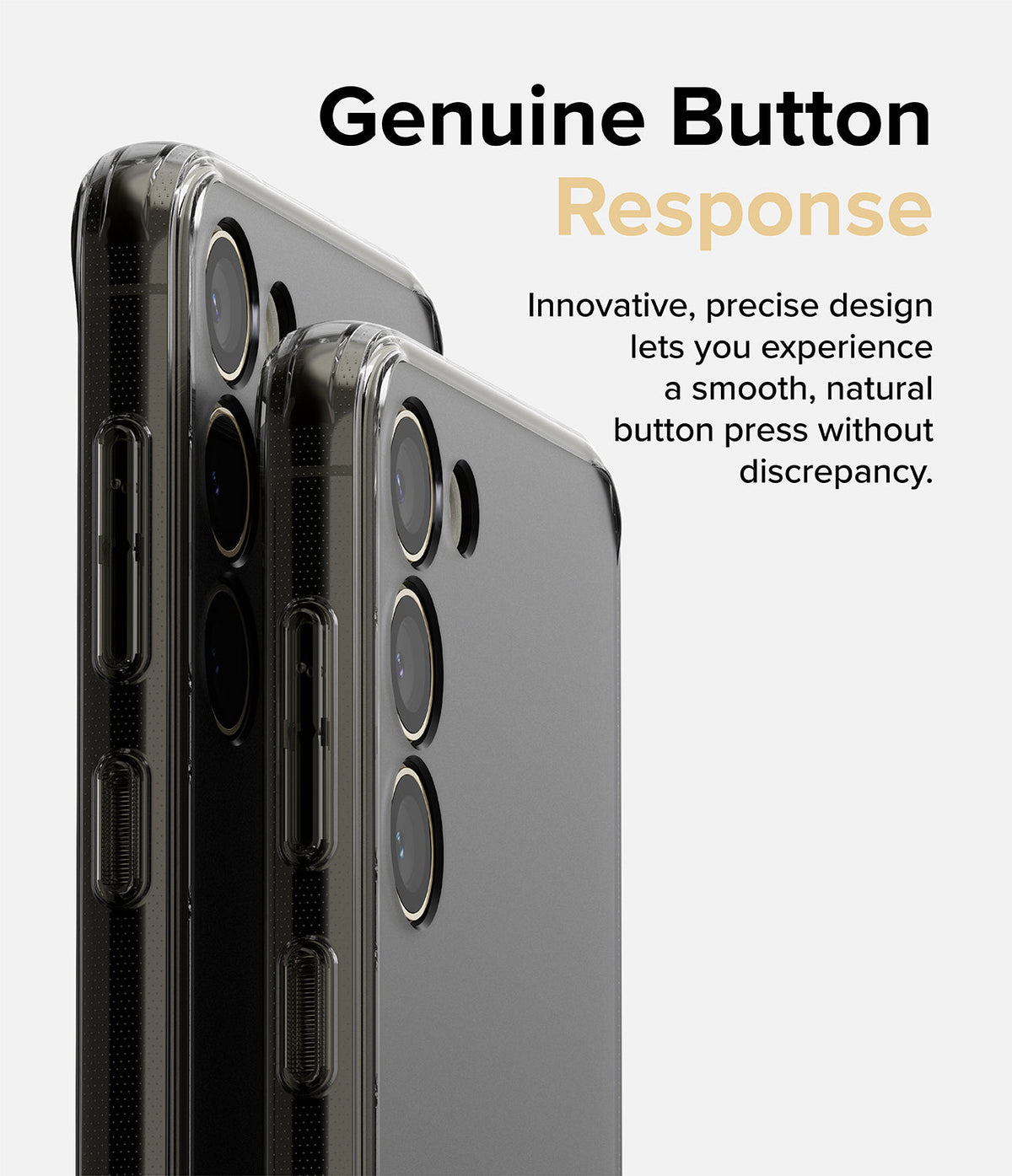 Galaxy S23 Plus Case | Fusion - Close-up of two clear phone cases highlighting precise, responsive side buttons and camera cutouts.