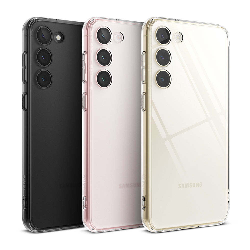 Galaxy S23 Plus Case | Fusion - Three Galaxy S23 Plus phones in black, pink, and cream, each wearing a clear protective case.