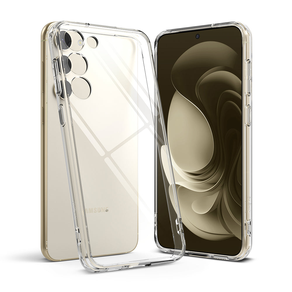 Galaxy S23 Case | Fusion - Clear protective phone case shown with a gold Galaxy S23 smartphone from front and back angles.