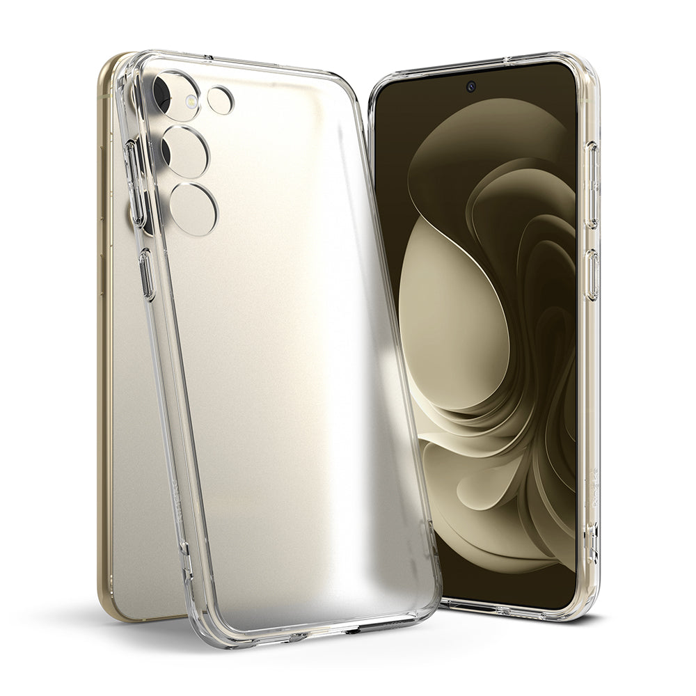 Galaxy S23 Case | Fusion - Clear protective phone case shown from front and back angles on a gold Galaxy S23 device.