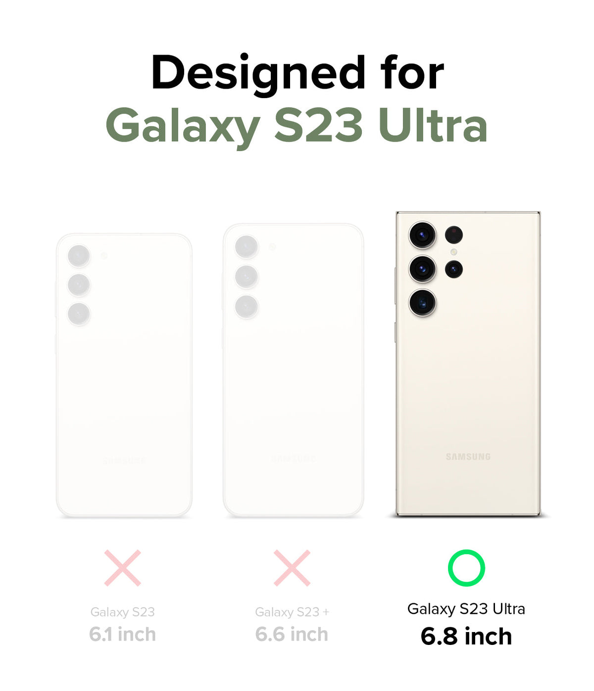Galaxy S23 Ultra Case | Air - Comparison chart showing Galaxy S23, S23+, and S23 Ultra, highlighting the 6.8-inch Ultra model.