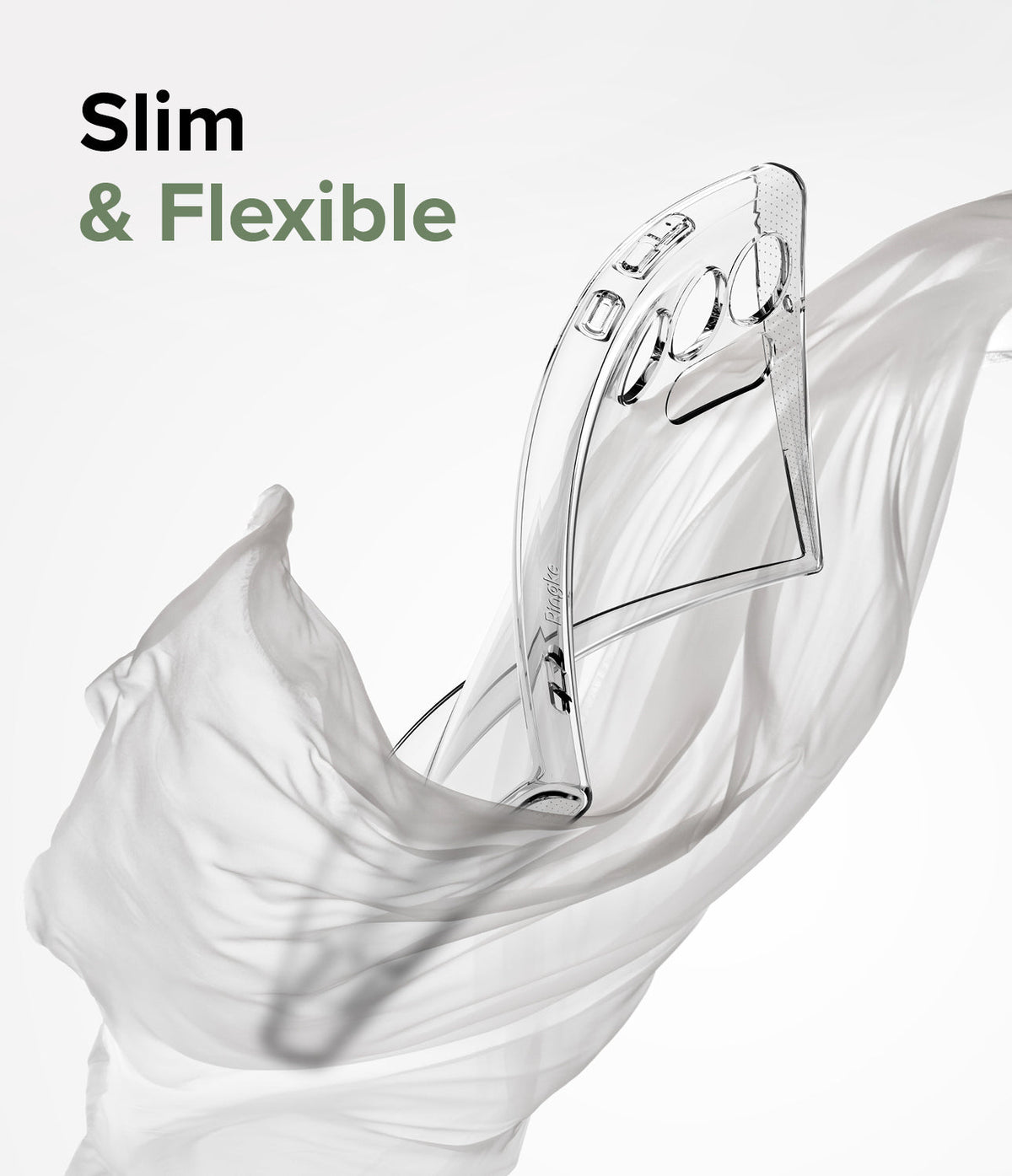 Galaxy S23 Ultra Case | Air - Clear phone case wrapped in flowing white fabric with Slim & Flexible text overlay.