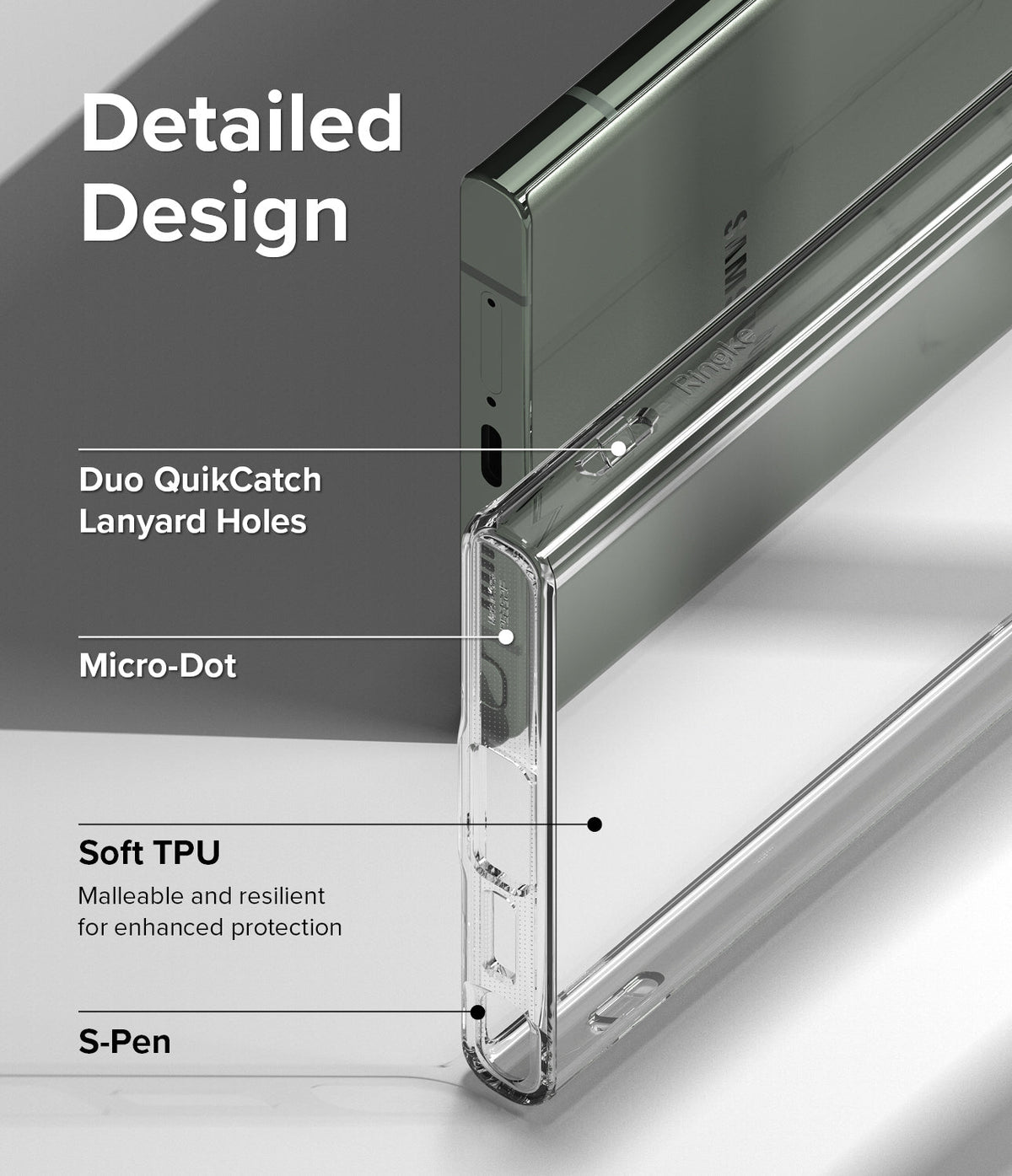 Galaxy S23 Ultra Case | Air - Close-up of clear phone case highlighting lanyard holes, micro-dot pattern, and S-Pen access.