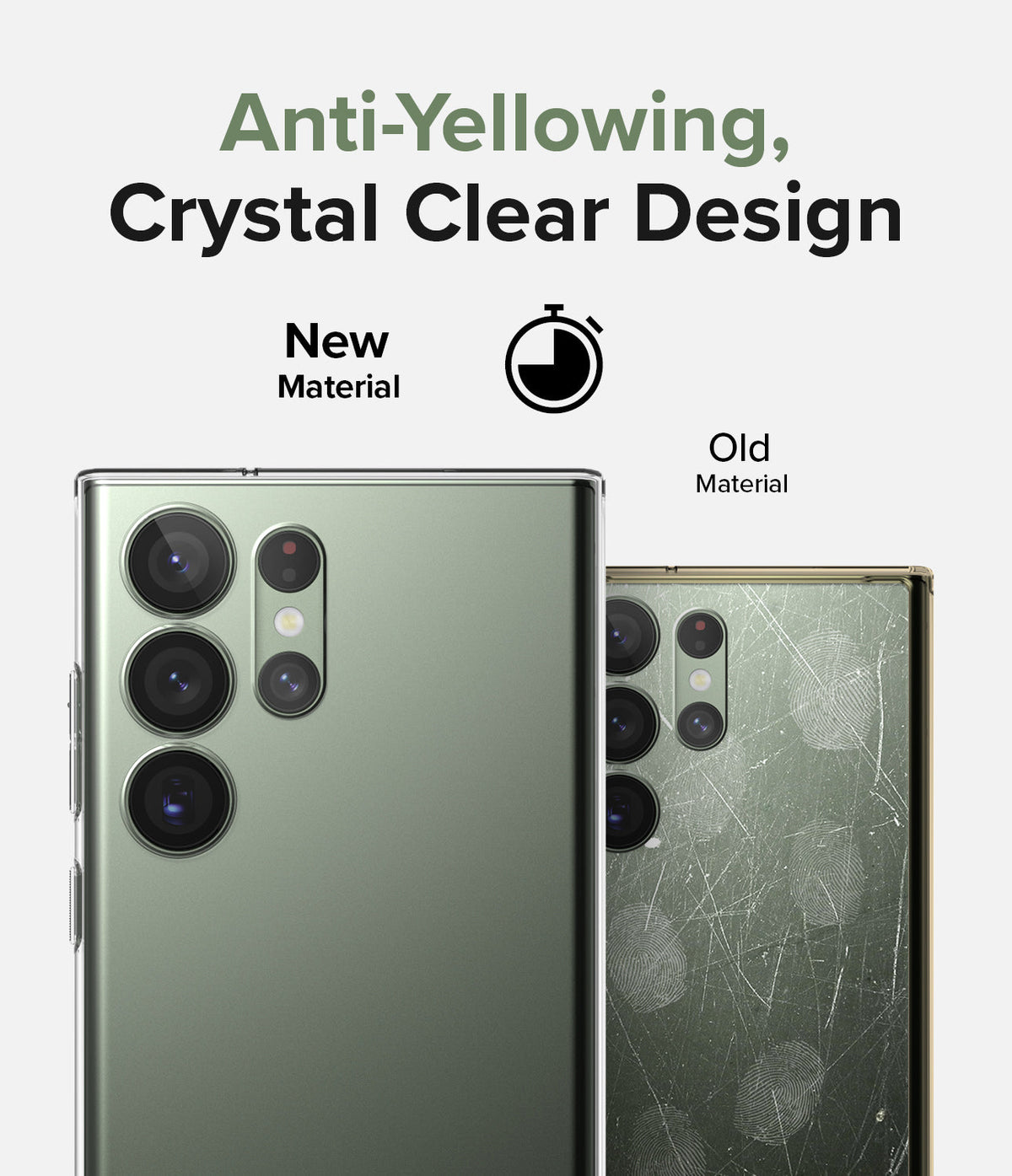 Galaxy S23 Ultra Case | Air - Comparison of a clear, pristine phone case versus a yellowed, scratched old material case.