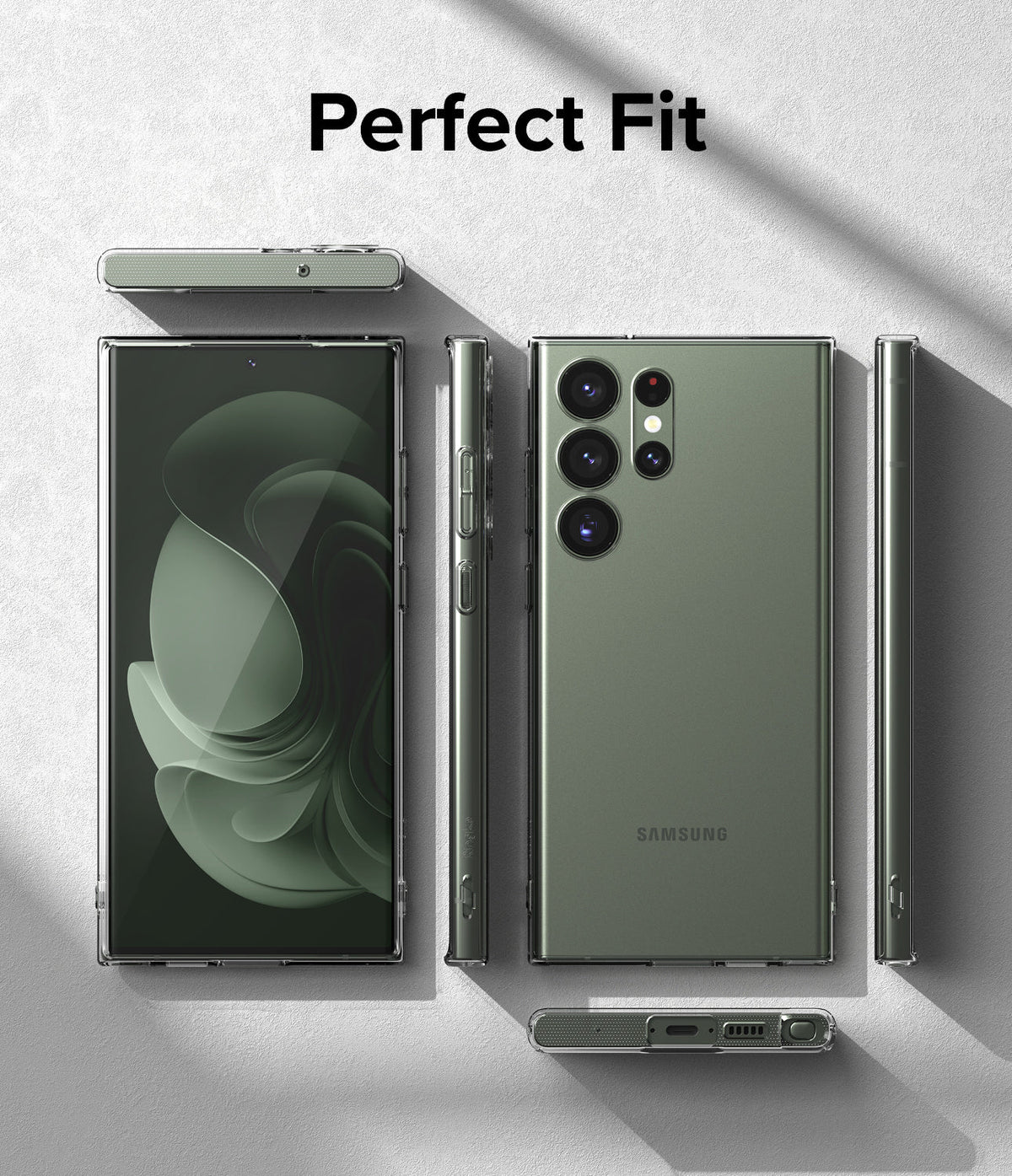Galaxy S23 Ultra Case | Air - Clear phone case shown from multiple angles on a green Samsung Galaxy S23 Ultra.