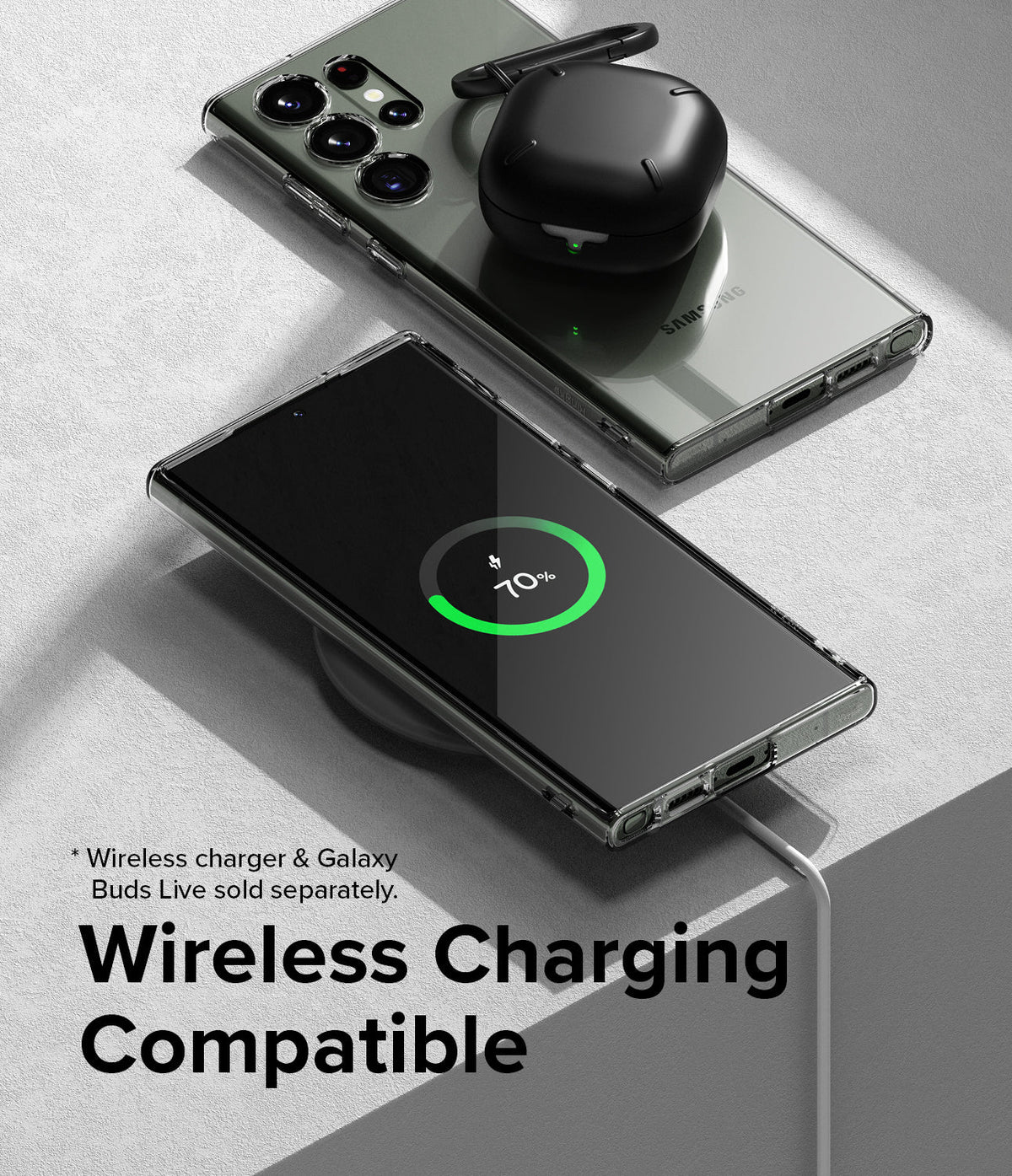 Galaxy S23 Ultra Case | Air - Clear phone case on a wireless charger showing 70% battery with earbuds resting on top.