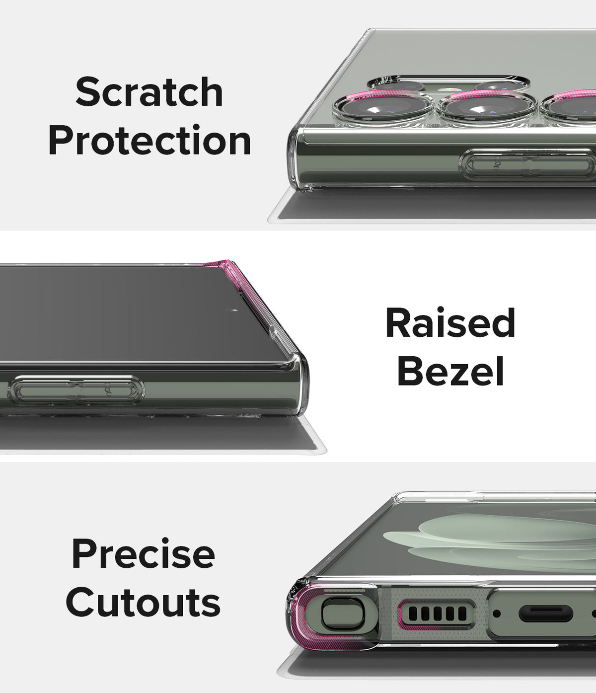 Galaxy S23 Ultra Case | Air - Close-ups showing scratch protection, raised screen bezels, and precise port cutouts.