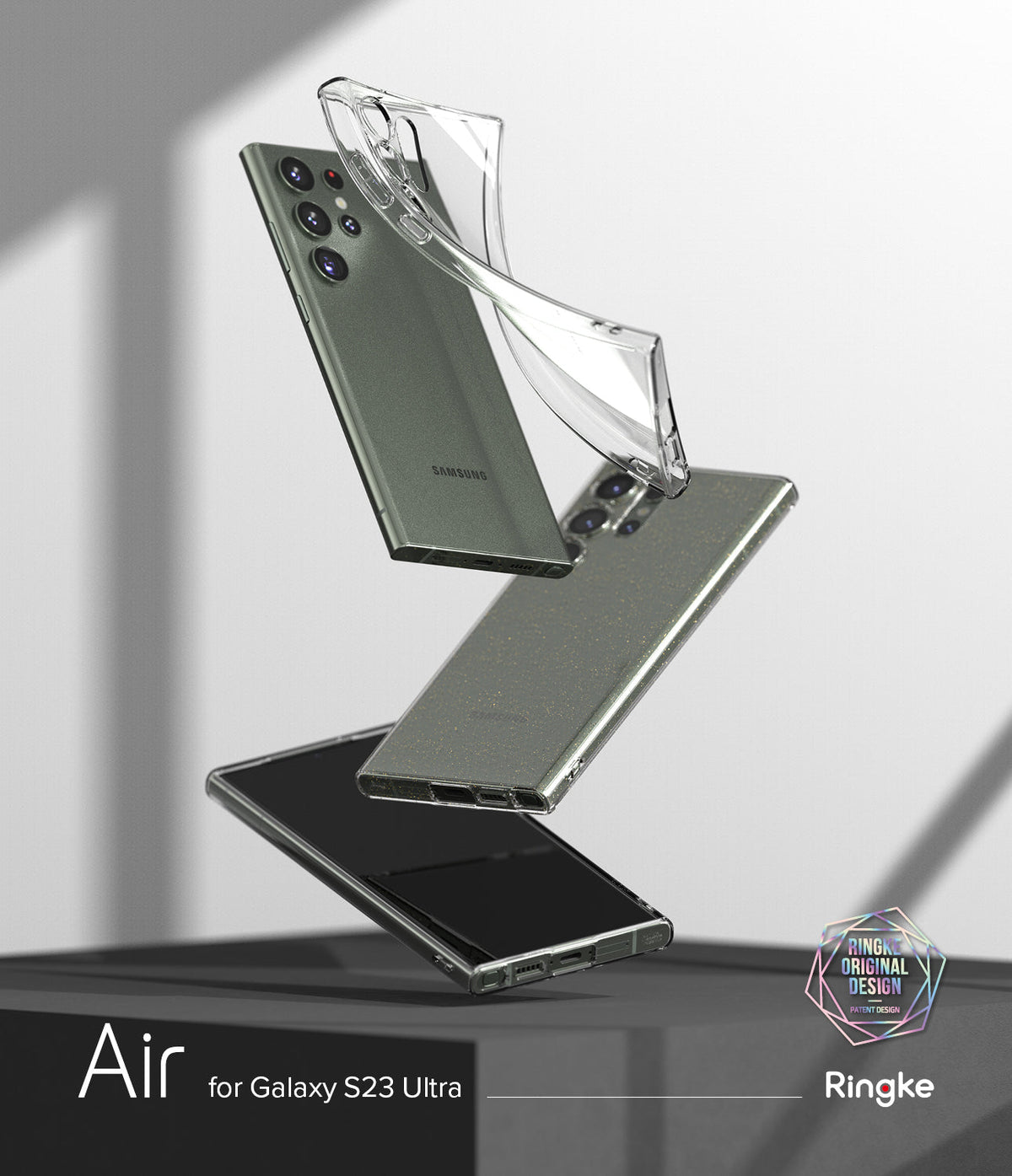 Galaxy S23 Ultra Case | Air - A clear phone case floating above a green Galaxy S23 Ultra phone against a minimalist background.