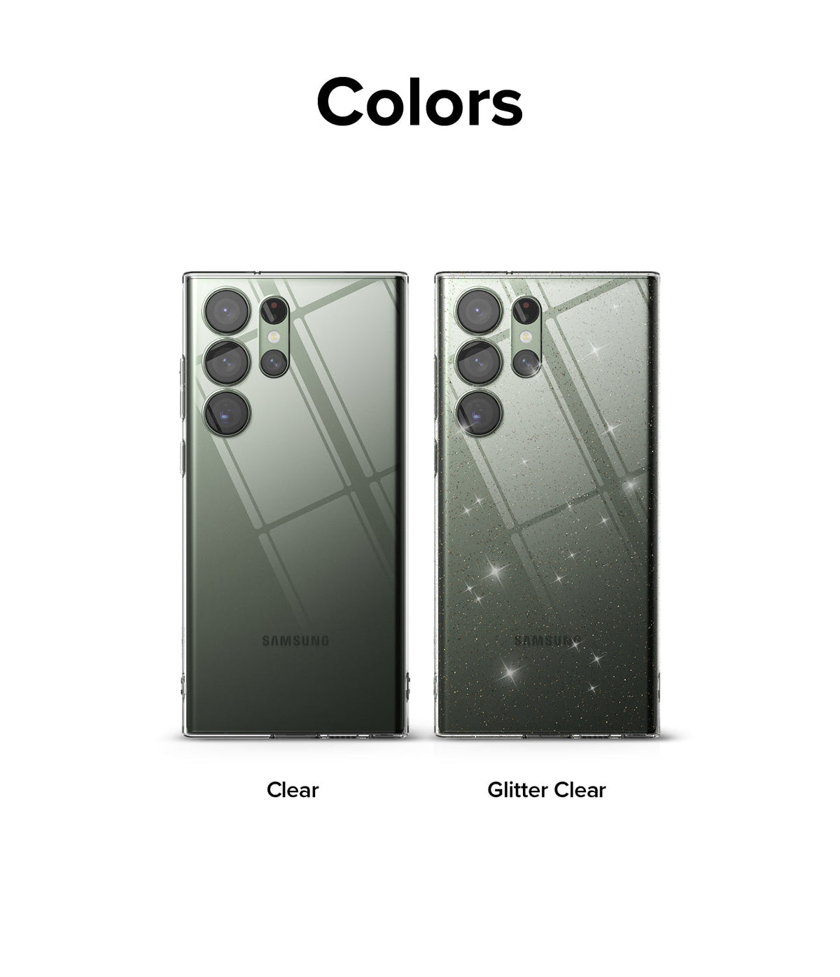 Galaxy S23 Ultra Case | Air - Two Galaxy S23 Ultra phones in clear and glitter clear cases side-by-side.