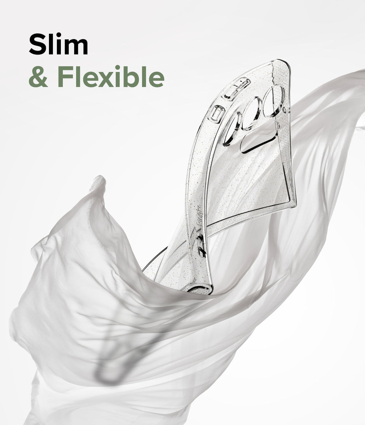 Galaxy S23 Ultra Case | Air - A clear, flexible phone case wrapped in flowing white fabric against a white background.