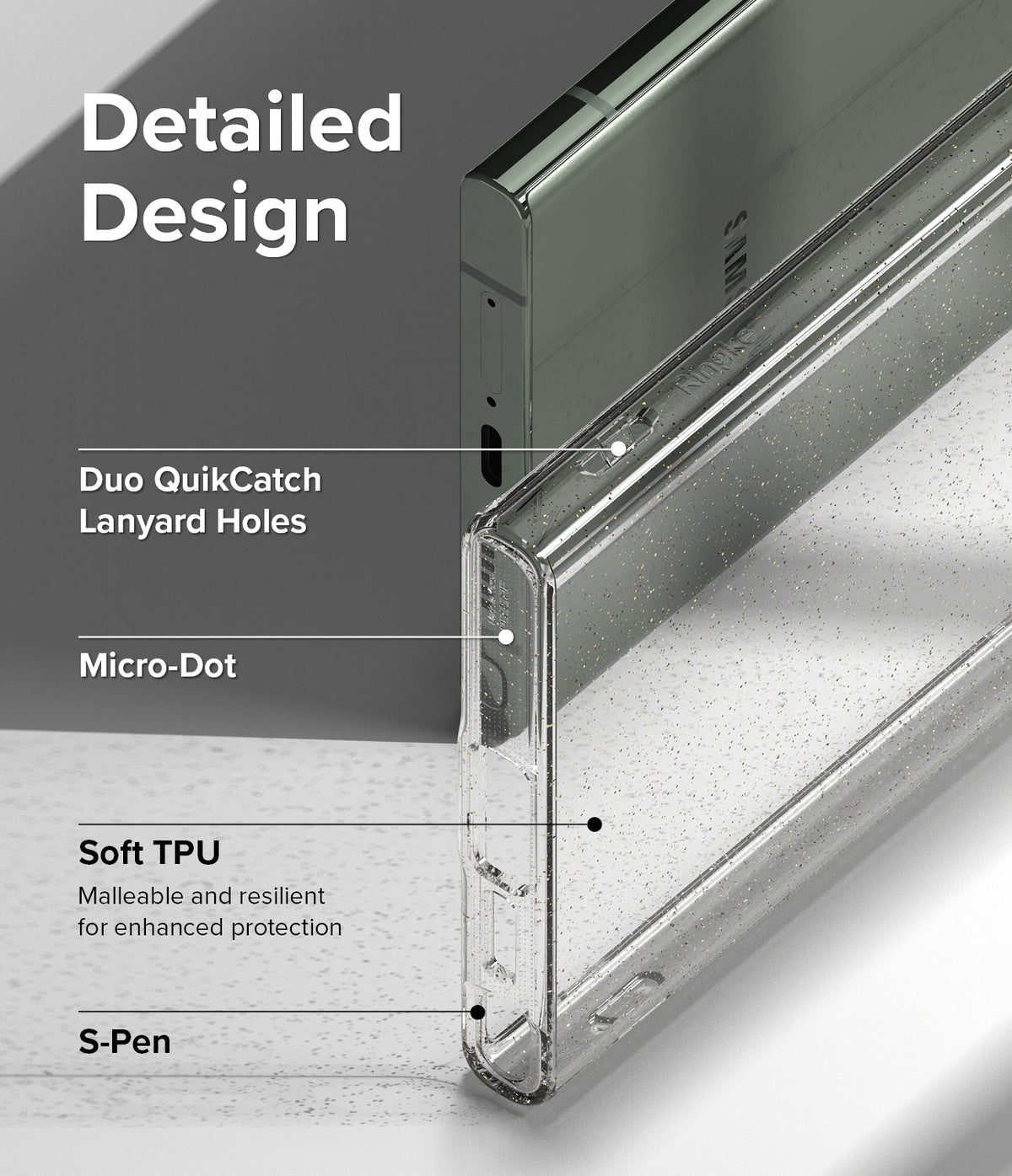 Galaxy S23 Ultra Case | Air - Close-up of clear phone case highlighting lanyard holes, micro-dot pattern, and S-Pen access.