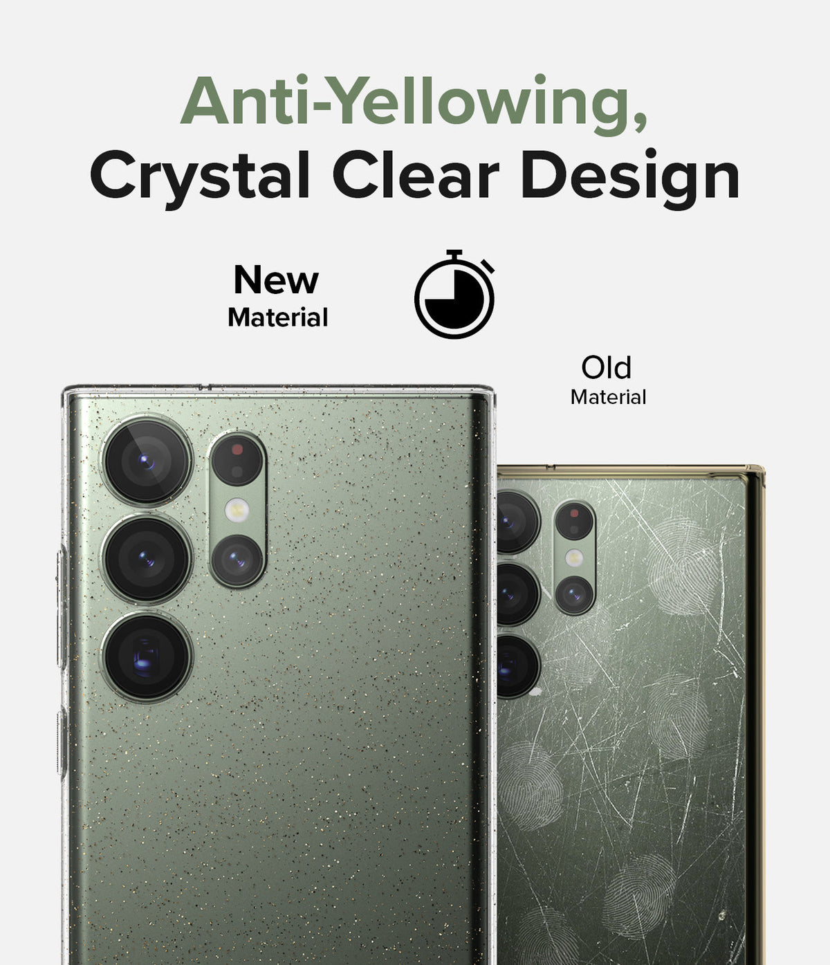 Galaxy S23 Ultra Case | Air - Comparison of a clear, pristine phone case versus an old, yellowed, and scratched case.